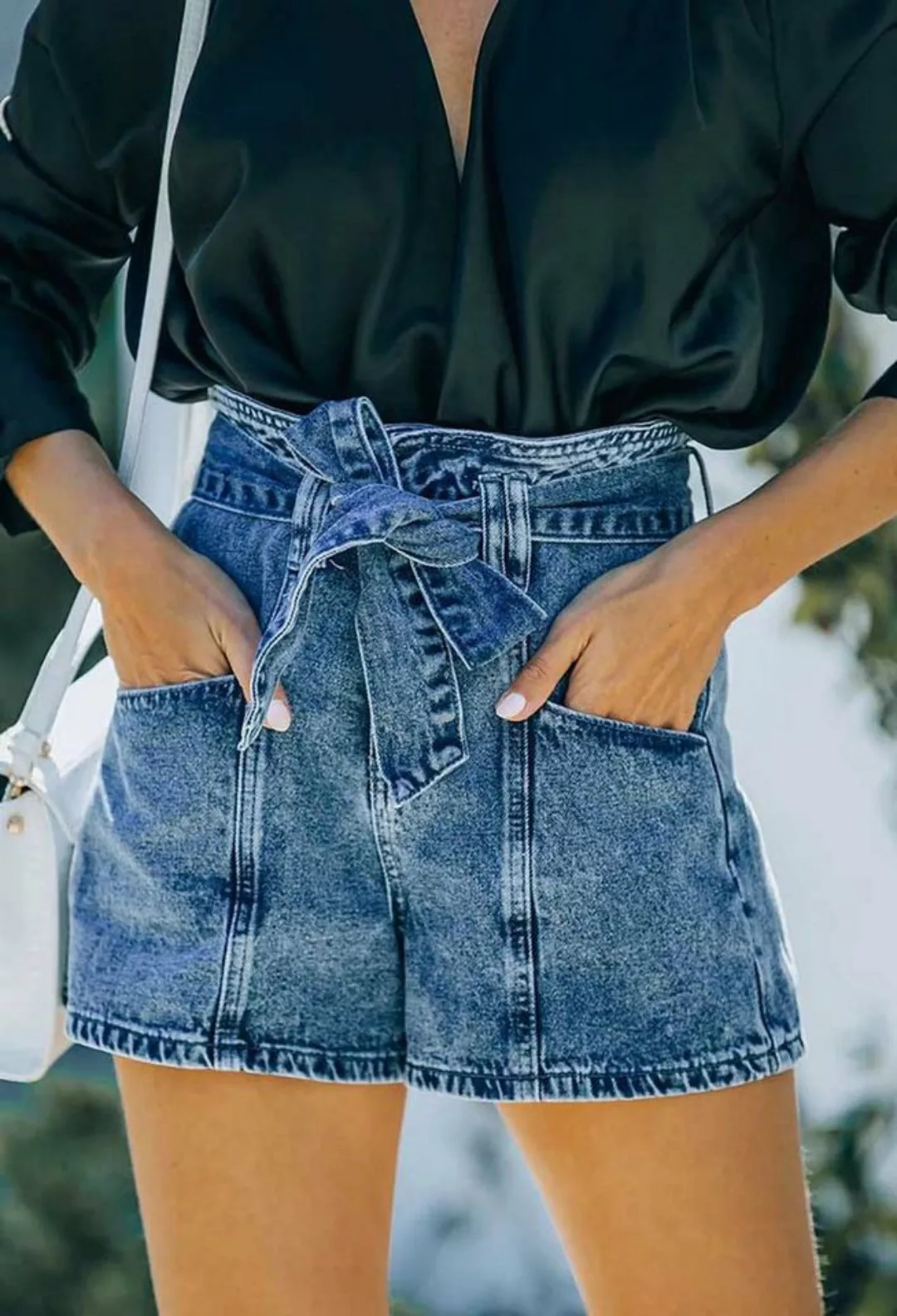 SEGUEN Jeansshorts Gewaschene Jeans-Shorts einfarbig (Belted Fashion Shorts günstig online kaufen