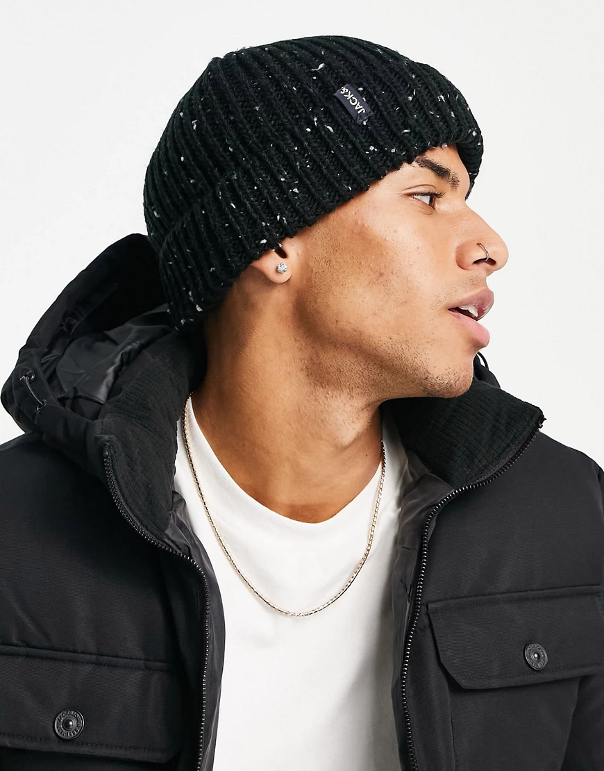 Jack & Jones – Strickmütze in Schwarz mit Fleckendesign günstig online kaufen