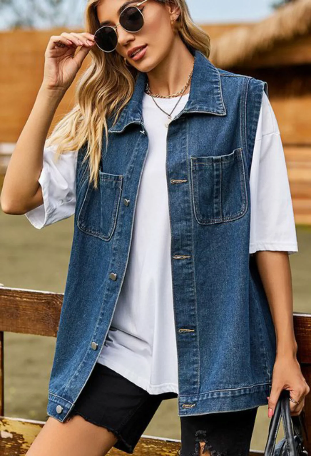 CHENIN Jeansweste Damen Denim Weste Ärmellose Denim Weste Rollkragen Ärmell günstig online kaufen