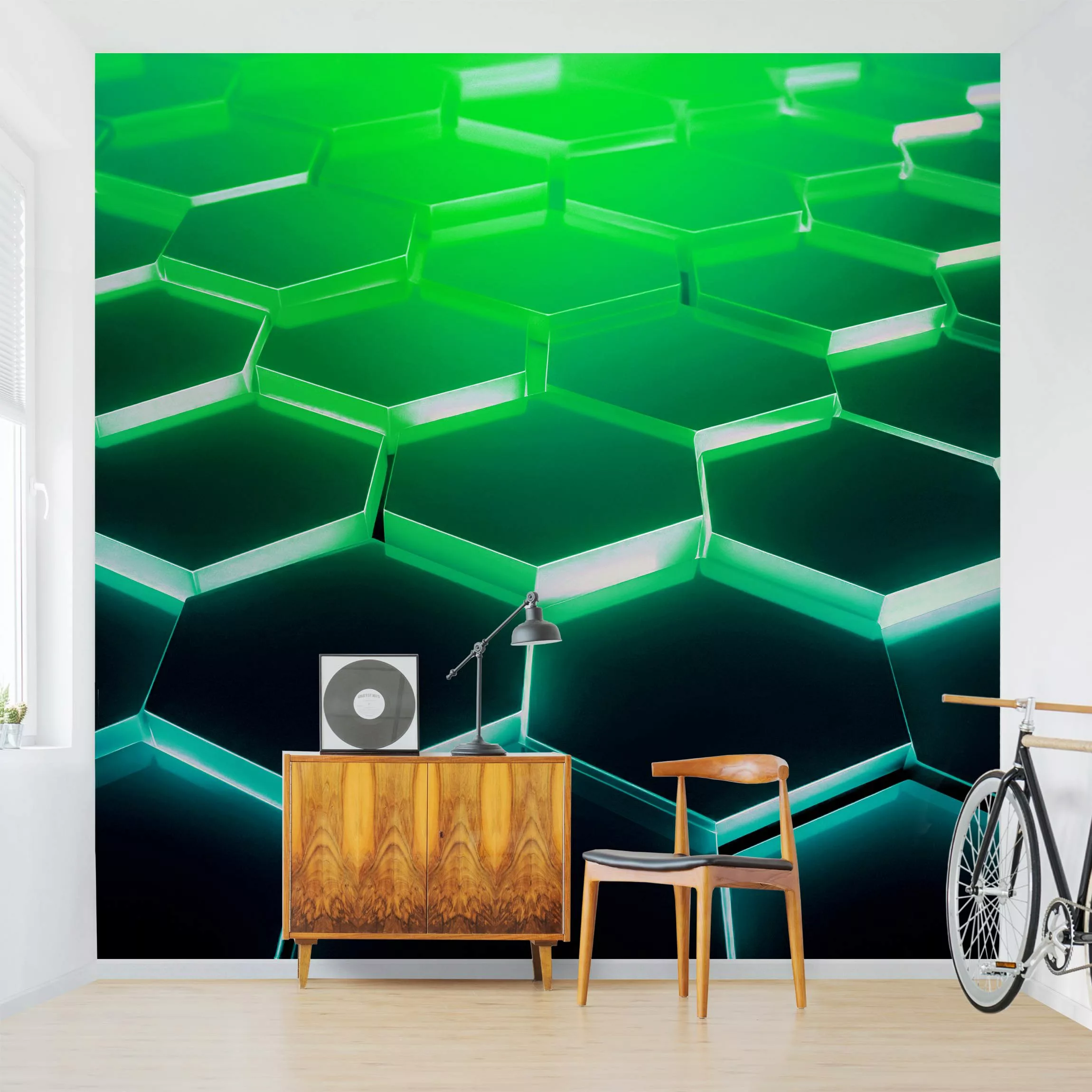 Fototapete Hexagone mit Neonlicht in Grün und Türkis günstig online kaufen
