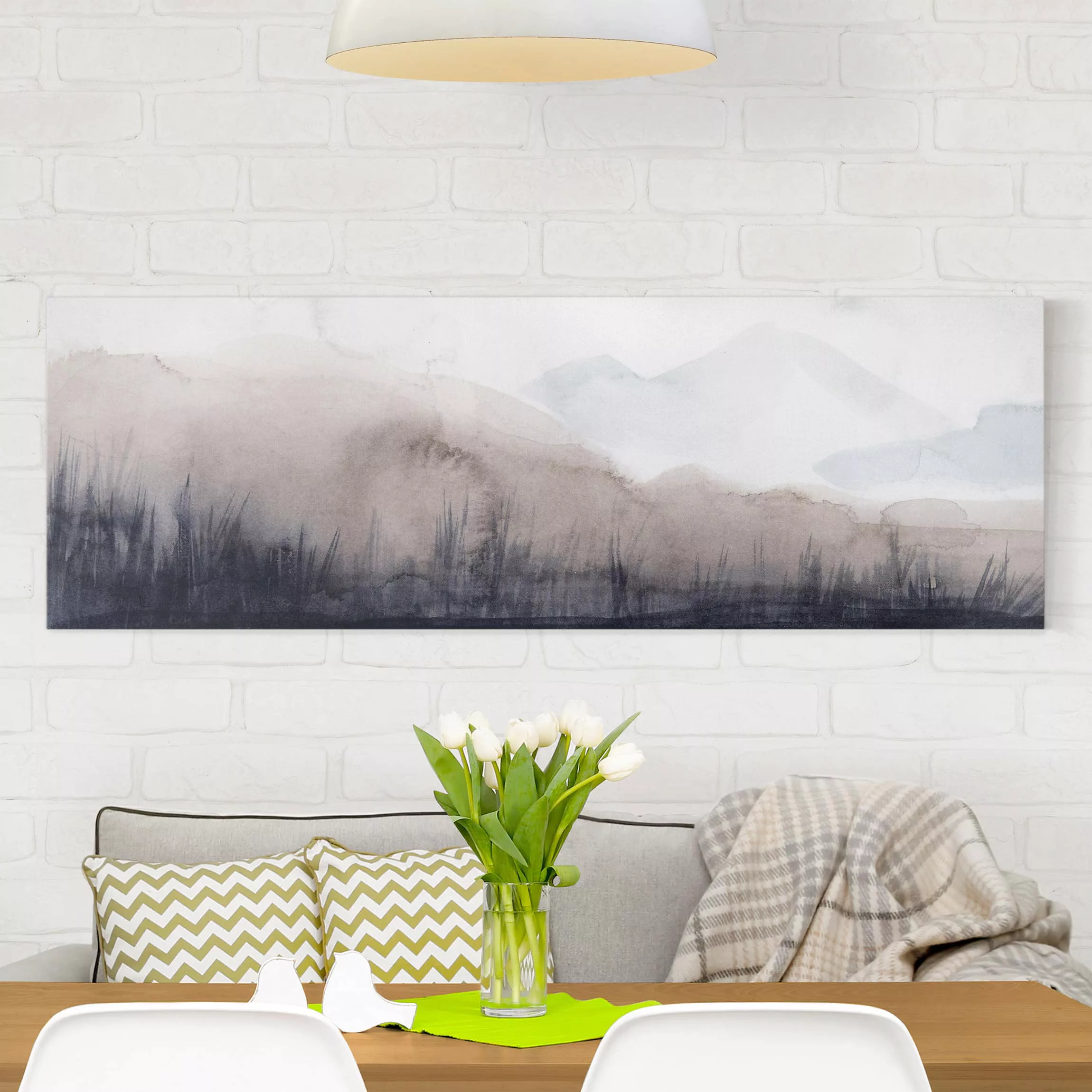 Leinwandbild Abstrakt - Panorama Seeufer mit Bergen II günstig online kaufen