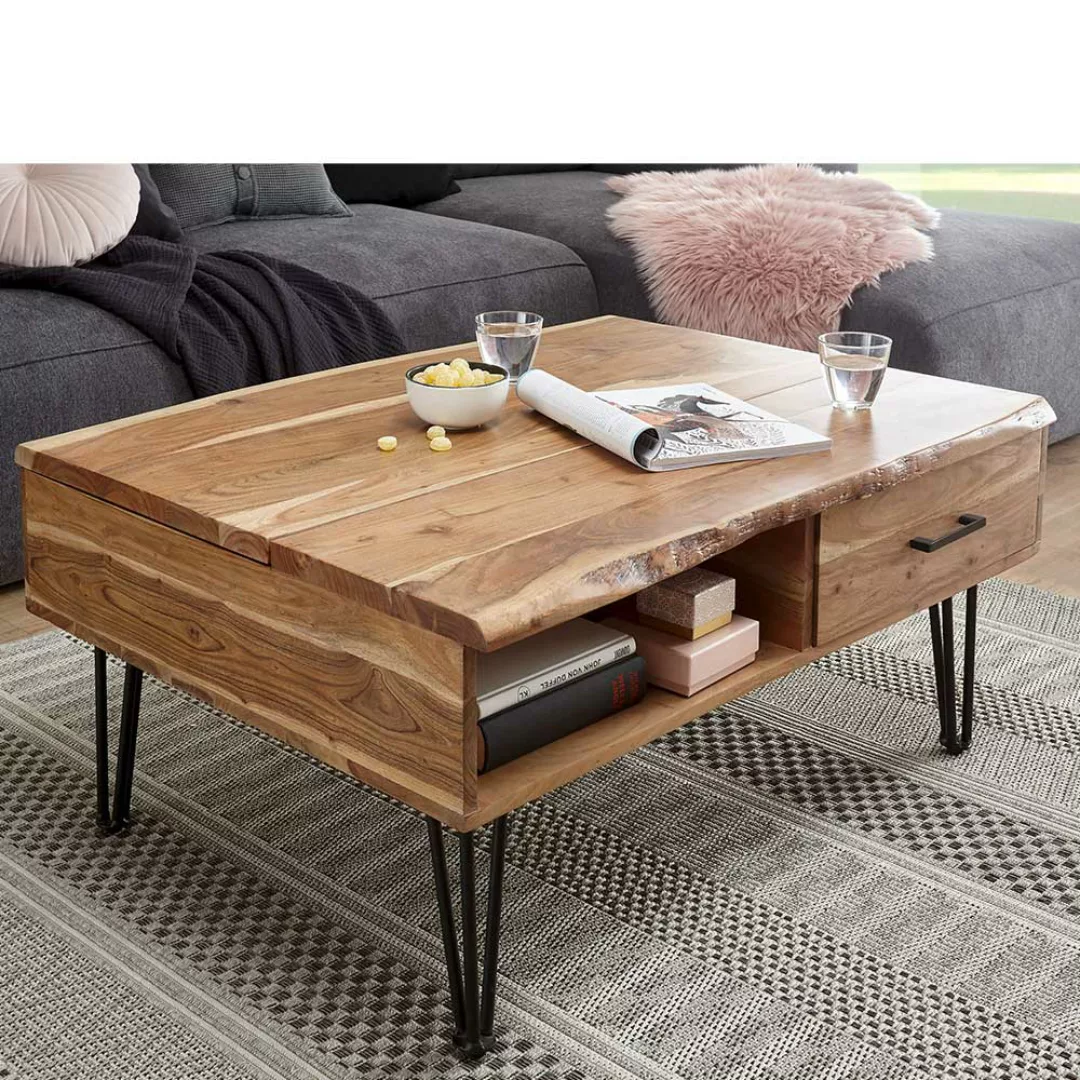 Wohnzimmertisch aus Akazie Massivholz und Metall hochklappbarer Tischplatte günstig online kaufen