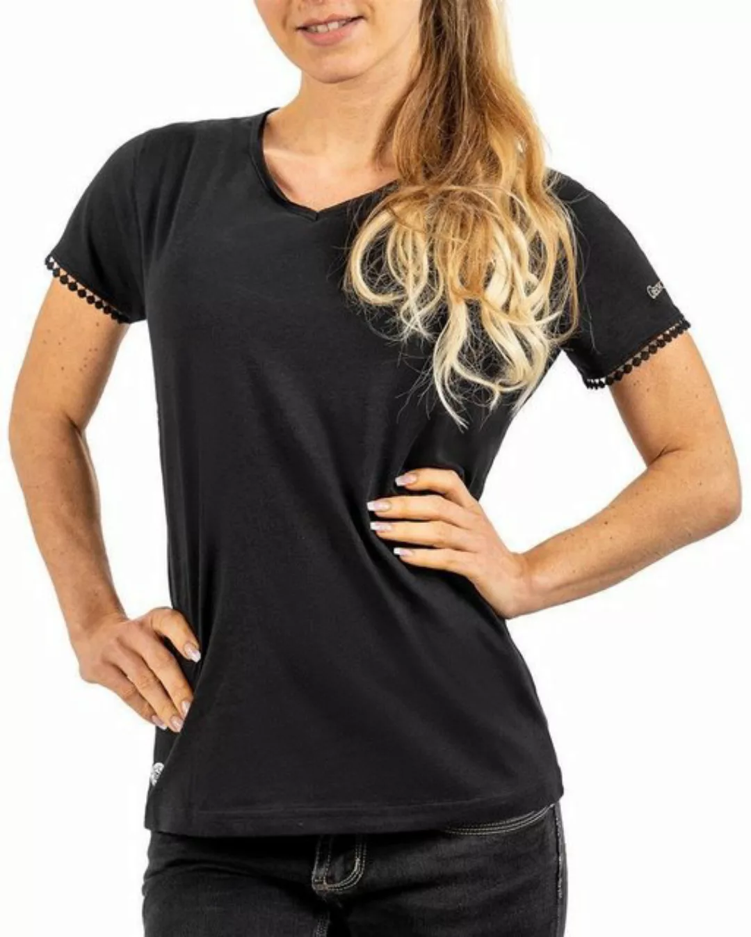 Geo Norway T-Shirt Elegantes Kurzarm Shirt bajosiane Lady Black S mit Spitz günstig online kaufen