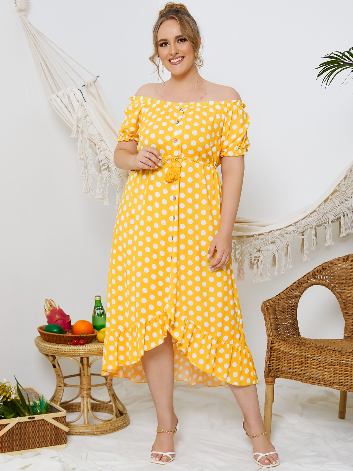 YOINS Plus Größe Knopfdesign Kordelzug Kurze Ärmel Midi Kleid günstig online kaufen