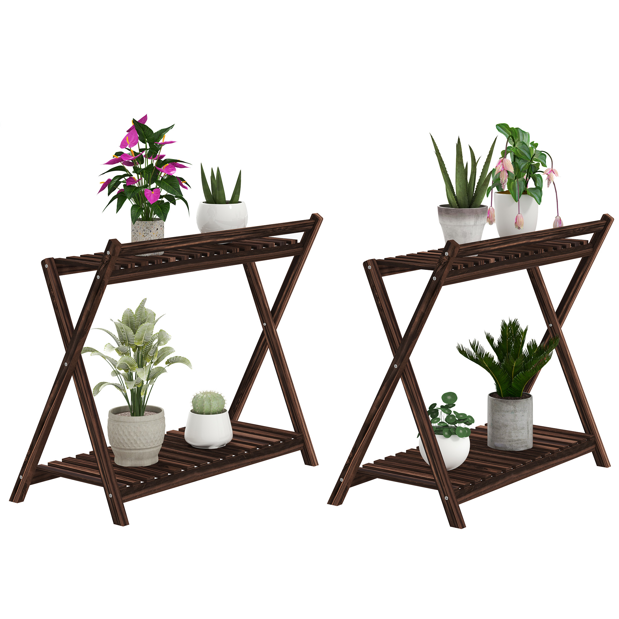 Outsunny Set aus 2 Innenpflanzenständern 2 Ebenen, Holzregale mit Rückenstü günstig online kaufen