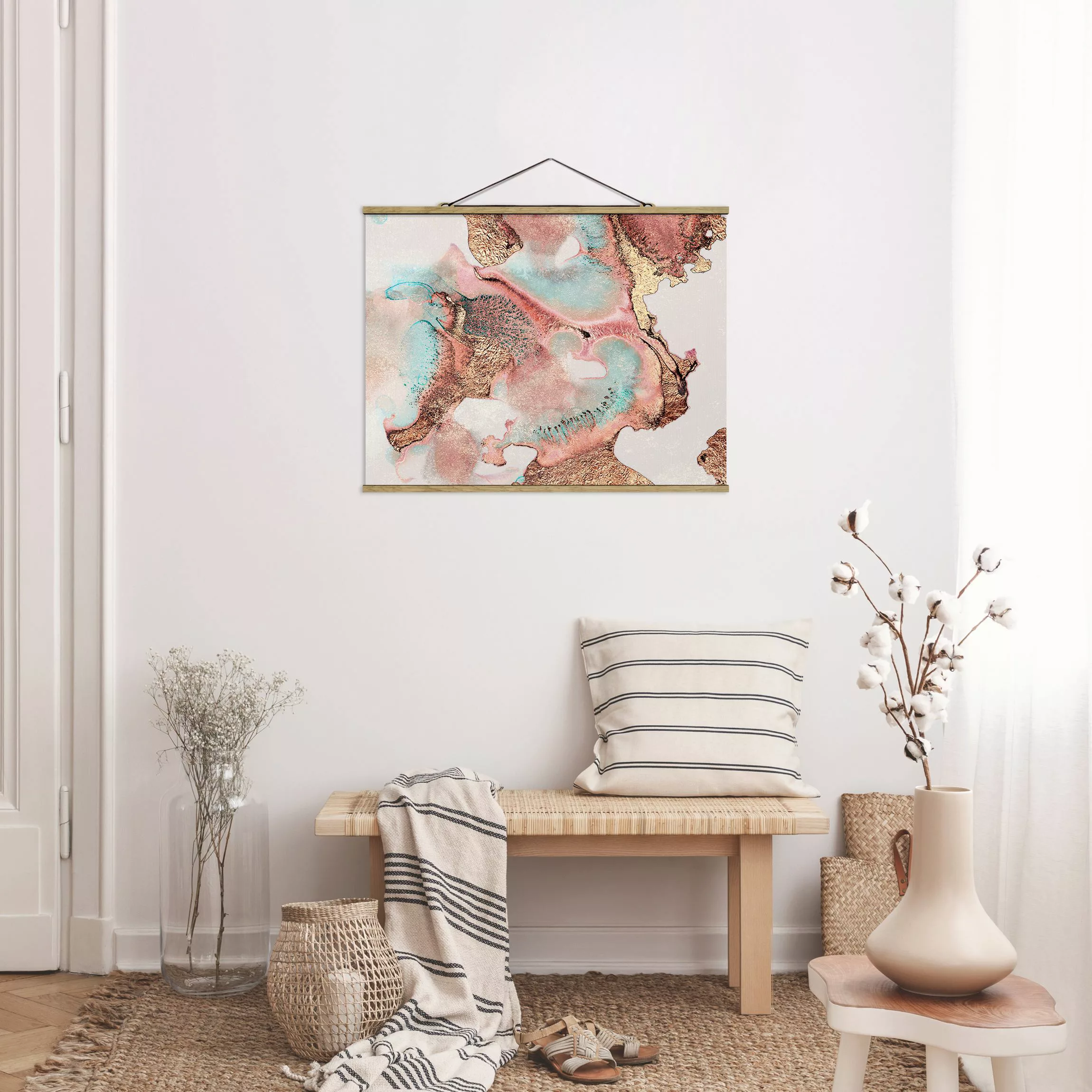 Stoffbild Abstrakt mit Posterleisten - Querformat Goldenes Aquarell Rosé günstig online kaufen