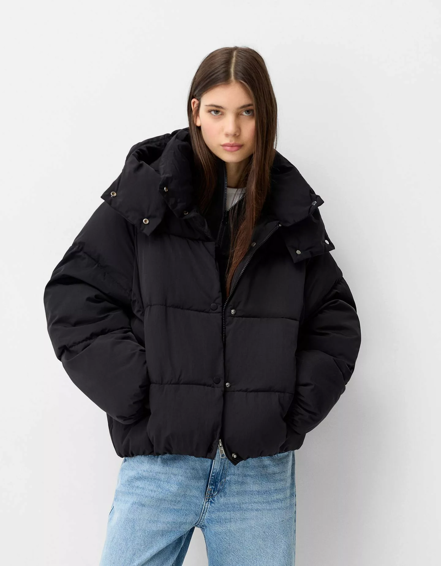 Bershka Puffjacke Mit Kapuze Damen L Schwarz günstig online kaufen