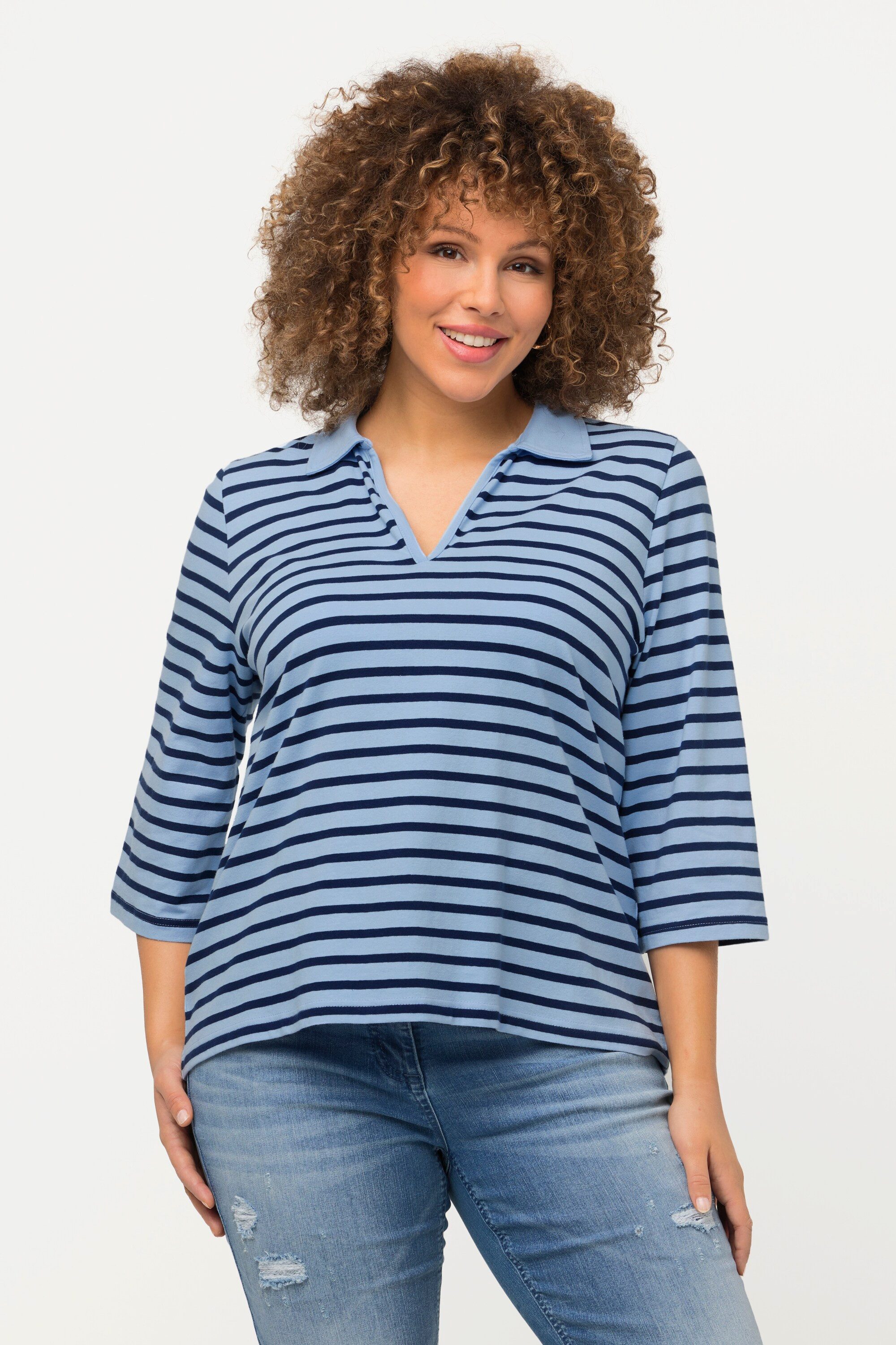 Ulla Popken Poloshirt Poloshirt Ringel V-Ausschnitt günstig online kaufen