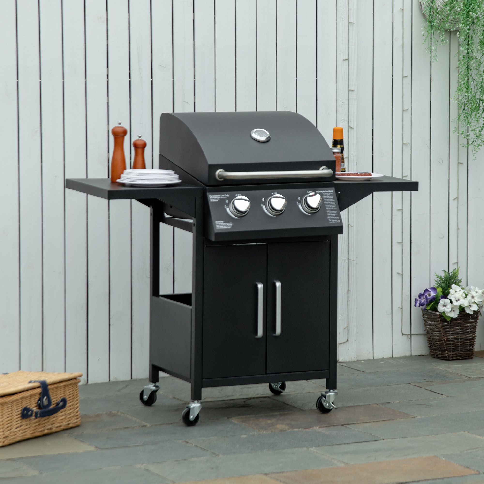 Outsunny Gasgrill BBQ mit 3 Brennern, 3 kw, mobiler Grillwagen mit Rädern, günstig online kaufen