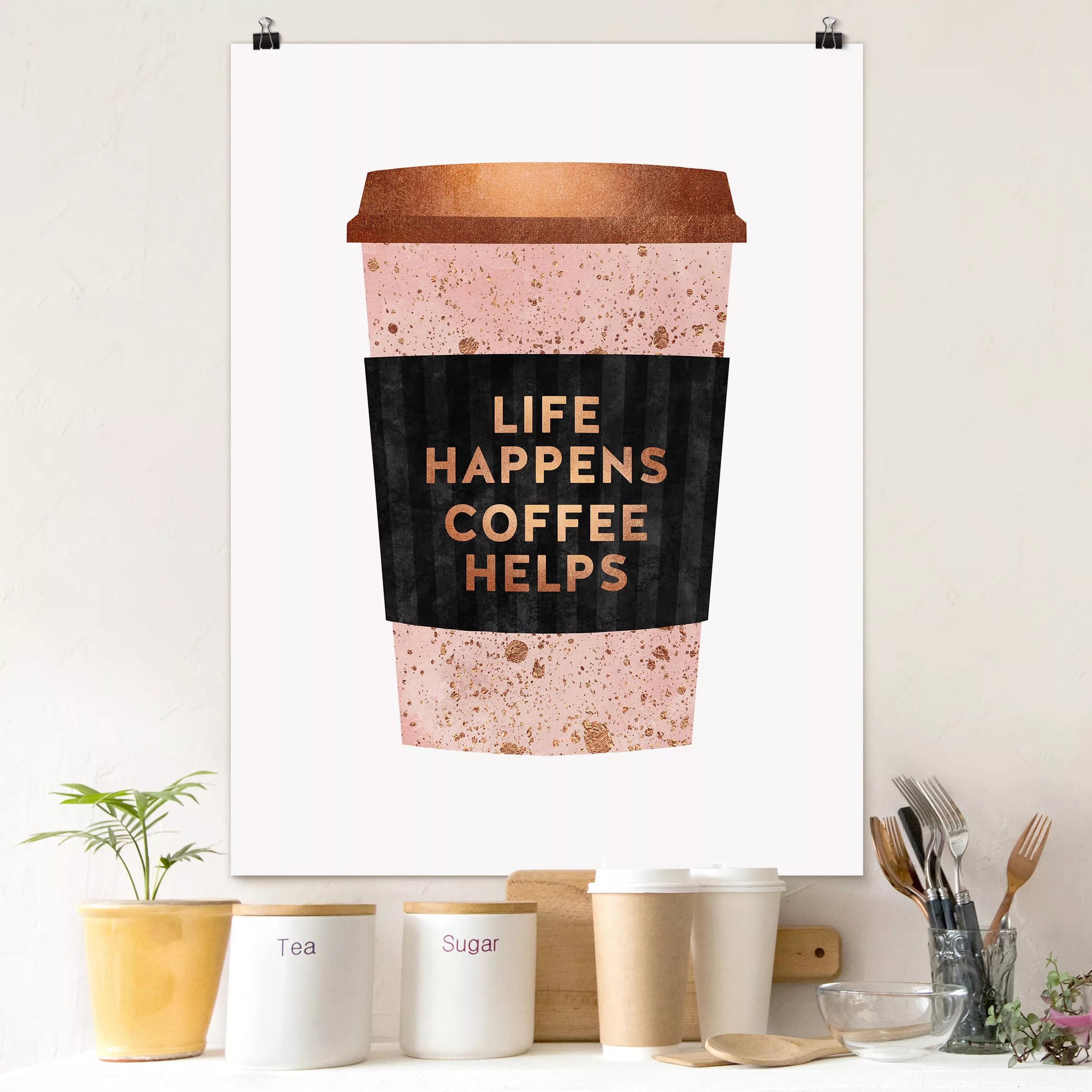 Poster Spruch - Hochformat Life Happens Coffee Helps Gold günstig online kaufen