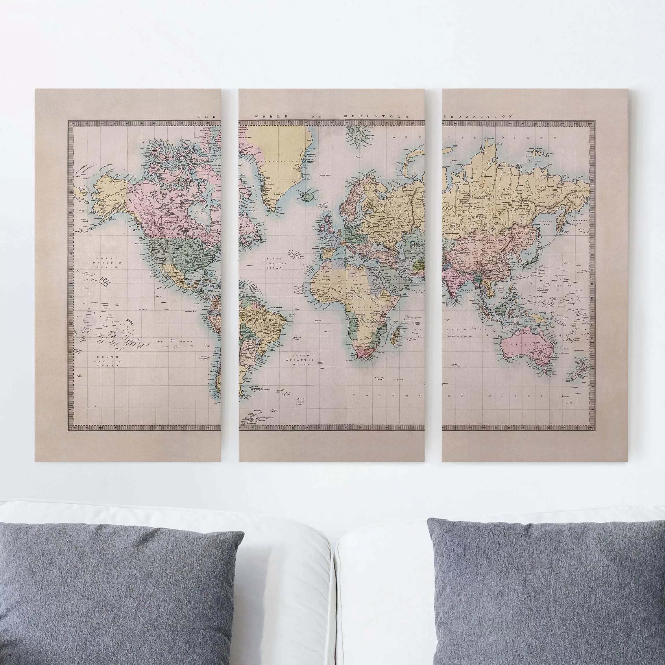 3-teiliges Leinwandbild Weltkarte - Querformat Vintage Weltkarte um 1850 günstig online kaufen