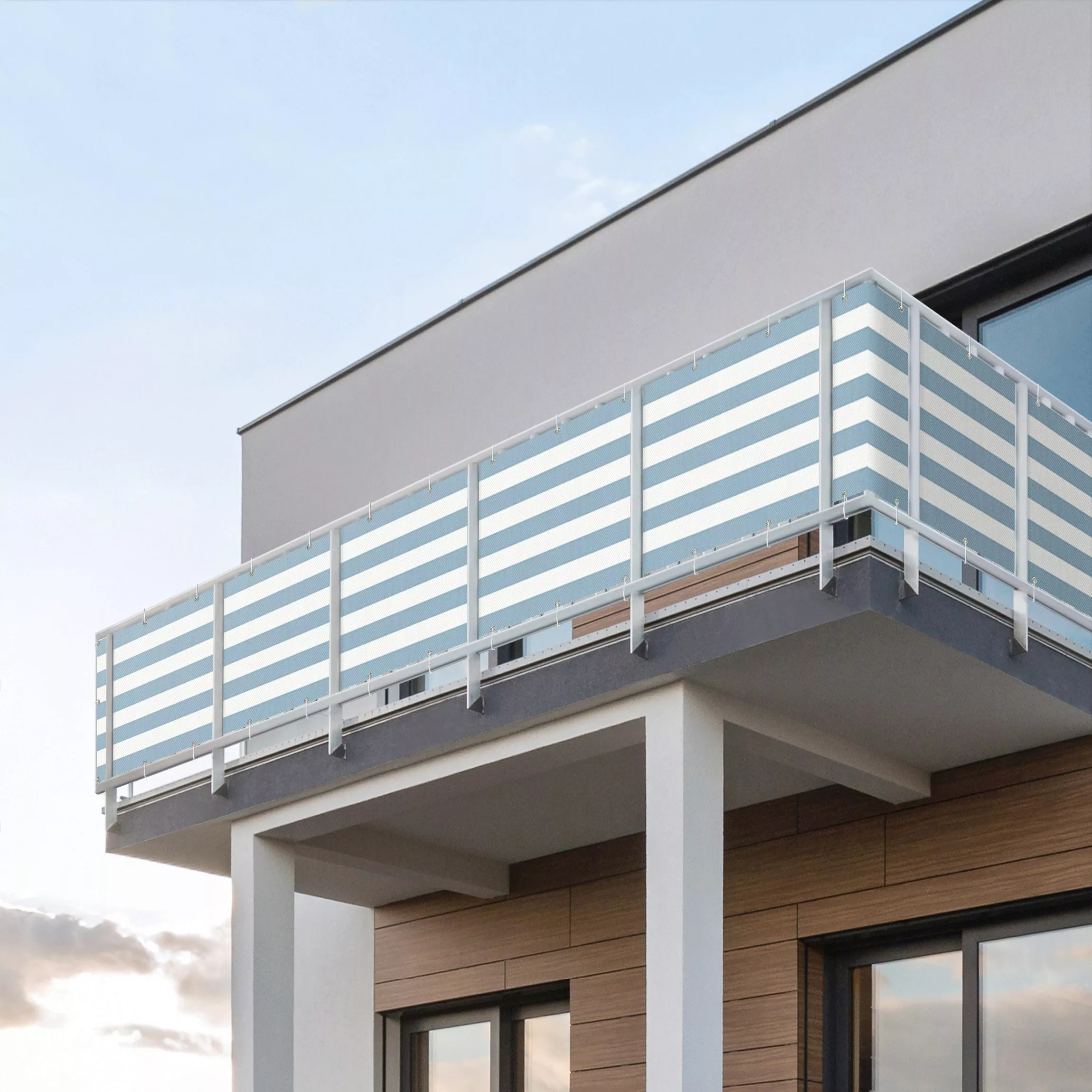 Balkon Sichtschutz Querstreifen in Pastell Blau günstig online kaufen