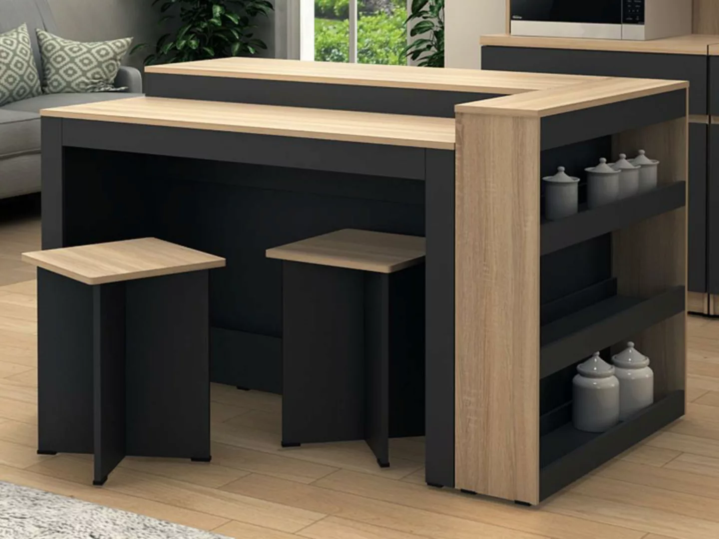 Set zentrale Kücheninsel + 2 Hocker - Schwarz & Holzfarben hell - NUSICE günstig online kaufen
