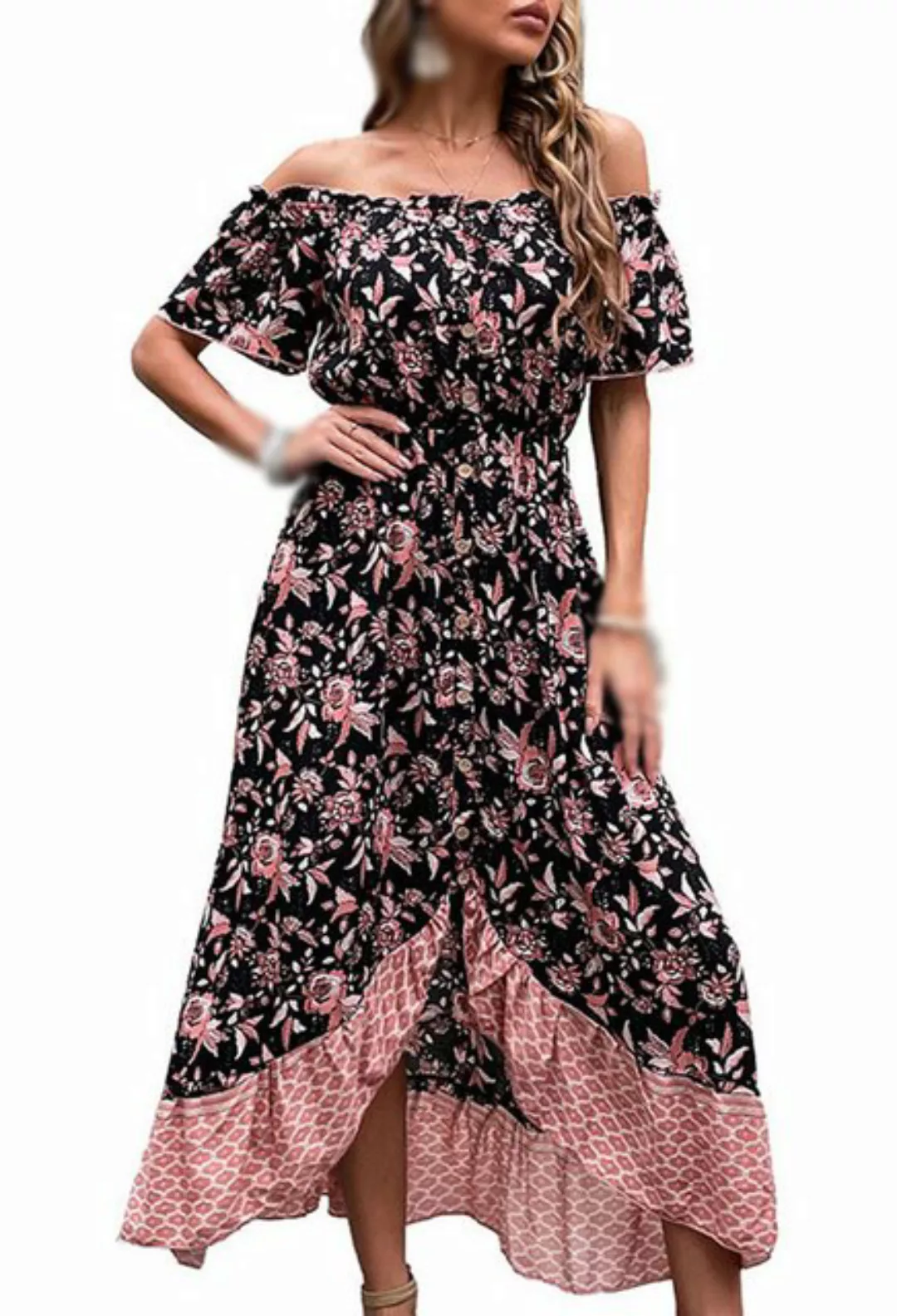 CHENIN Off-Shoulder-Kleid Bedrucktes Kleid mit flachem Kragen Date-Rock, Te günstig online kaufen