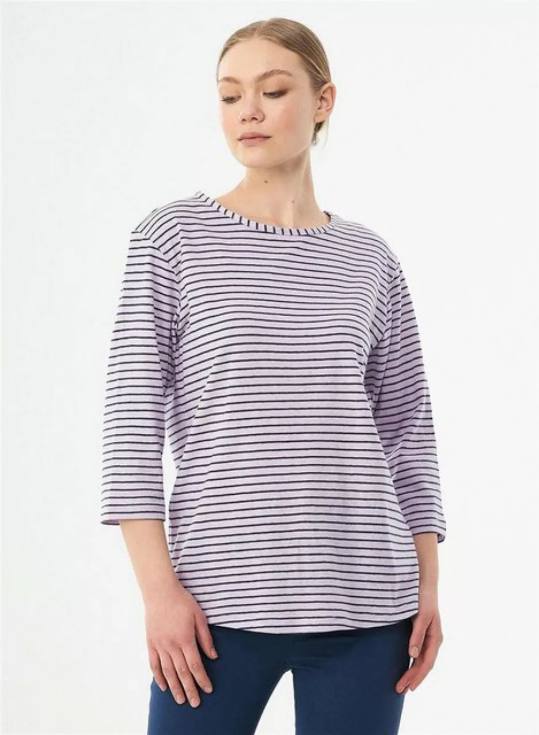 ORGANICATION T-Shirt Women's Striped 3/4 Sleeve T-Shirt in Lavender Fog/Nav günstig online kaufen