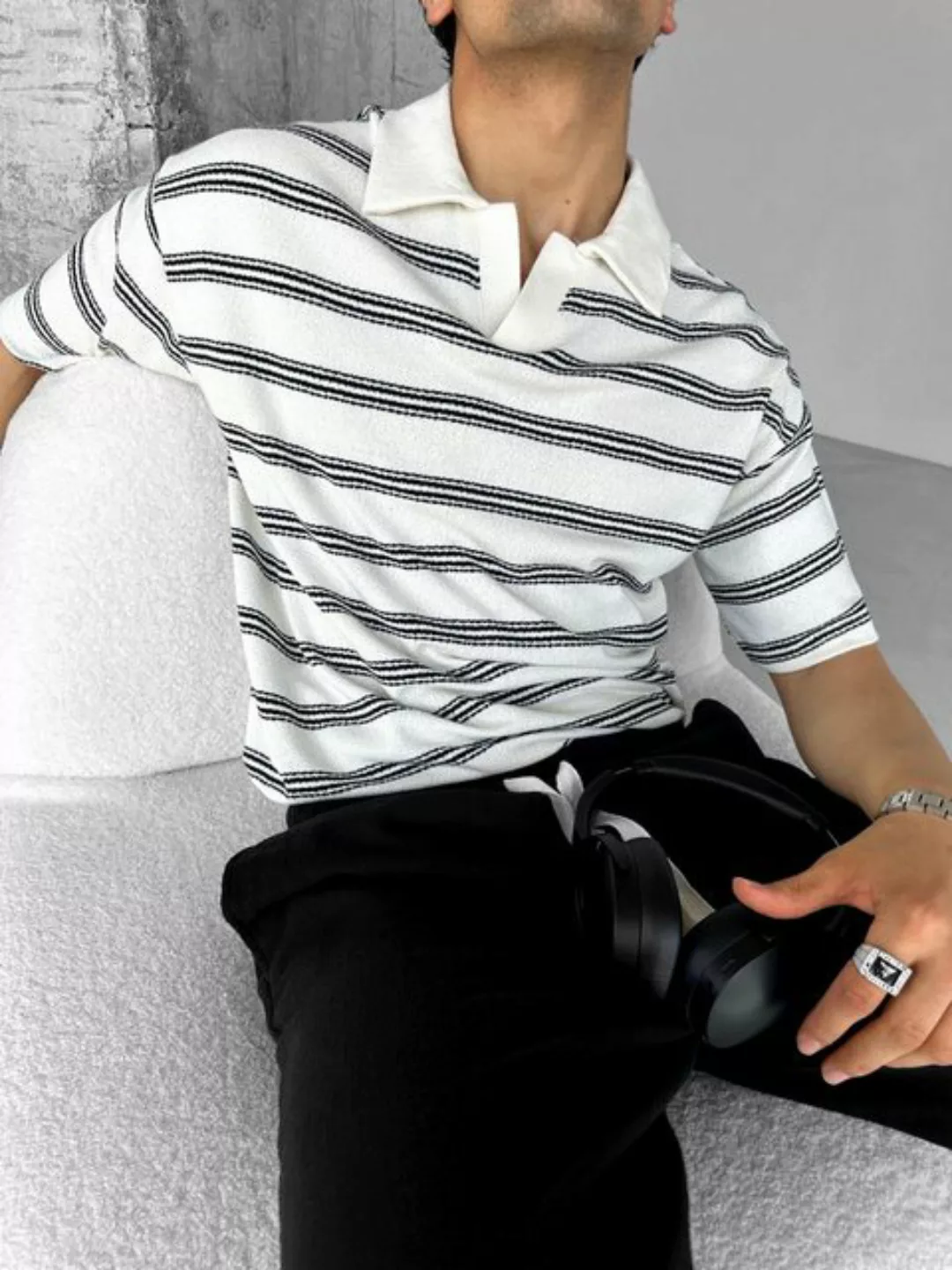 Abluka T-Shirt OVERSIZE STRIPED KNIT POLO SHIRT ECRU günstig online kaufen