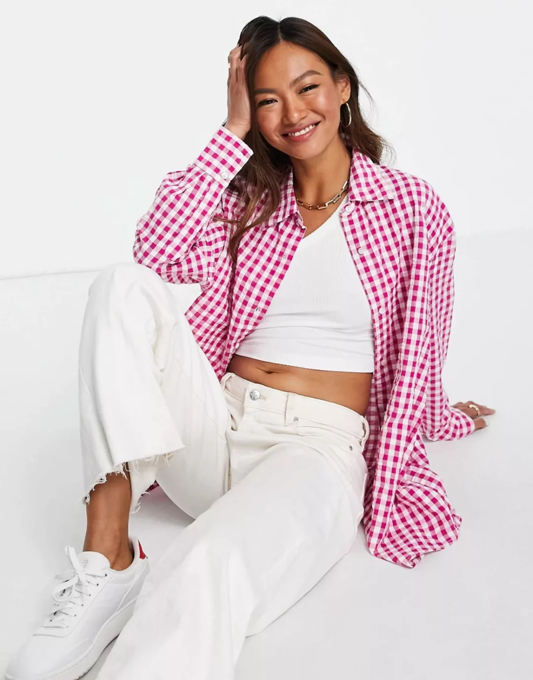 Mango – Oversize-Hemd mit Vichykaro in Rosa günstig online kaufen