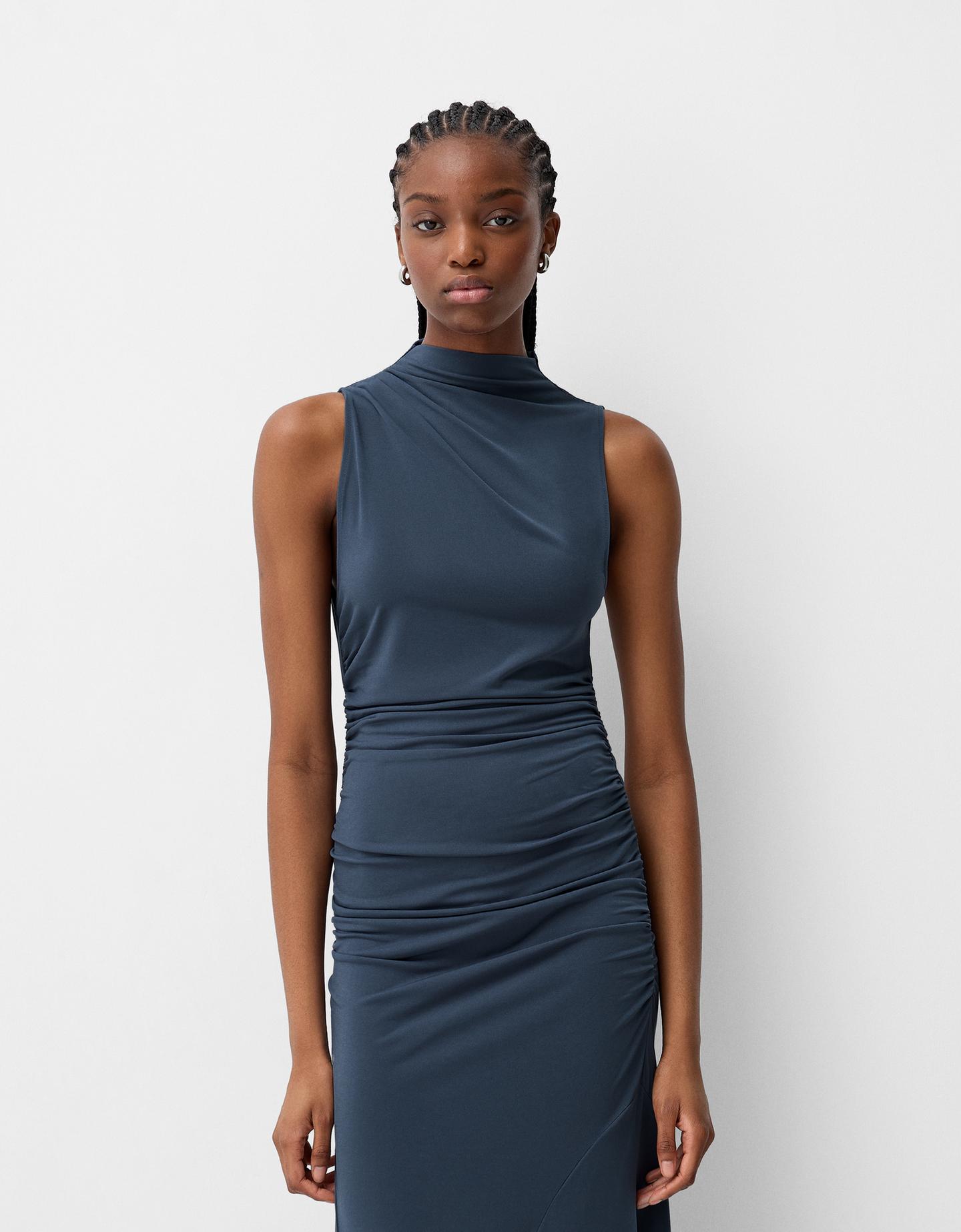 Bershka Midikleid Mit Raffung Damen L Dunkelgrau günstig online kaufen