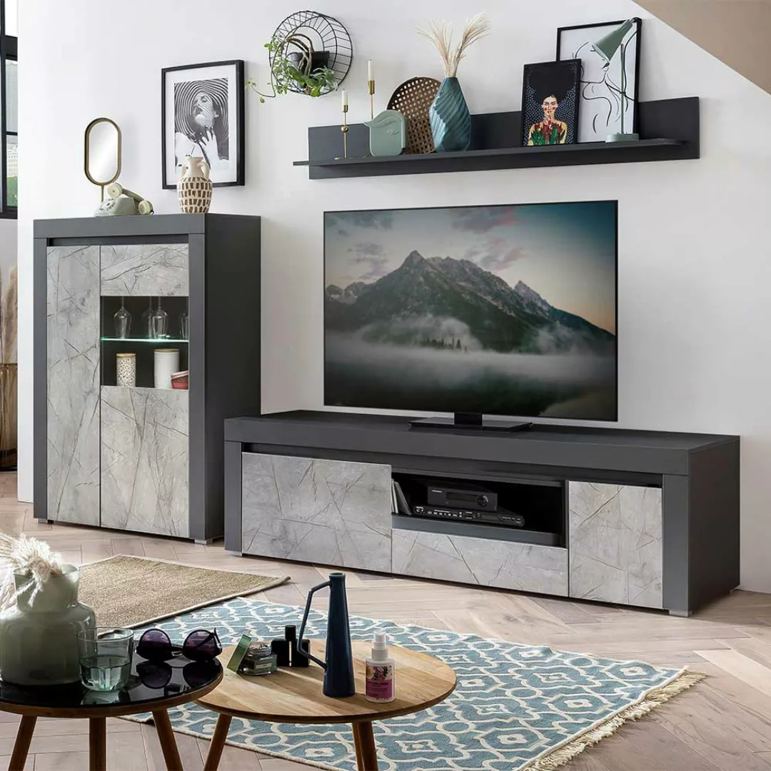 Wohnwand modernes Design in Grau Steinoptik & Anthrazit 130 cm hoch (dreite günstig online kaufen