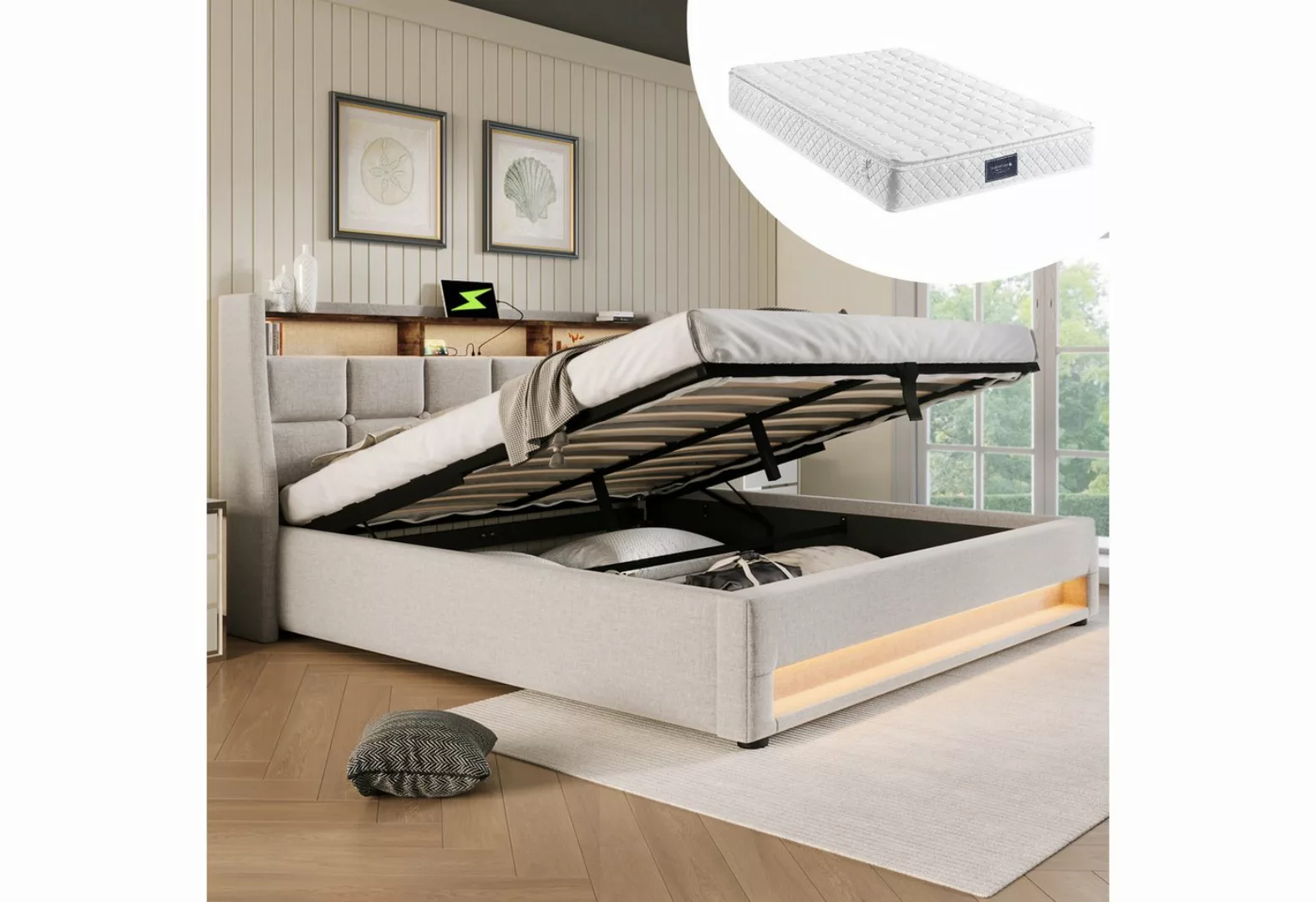 MODFU Polsterbett Doppelbett (LED Doppelbett Jugendbett mit USB Ladeanschlu günstig online kaufen