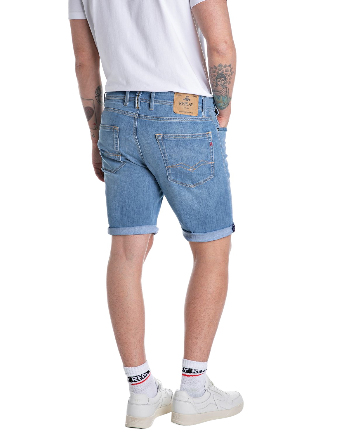 Replay Herren Short RBJ.981 SHORT - Tapered Fit - Blau Schwarz Beige günstig online kaufen