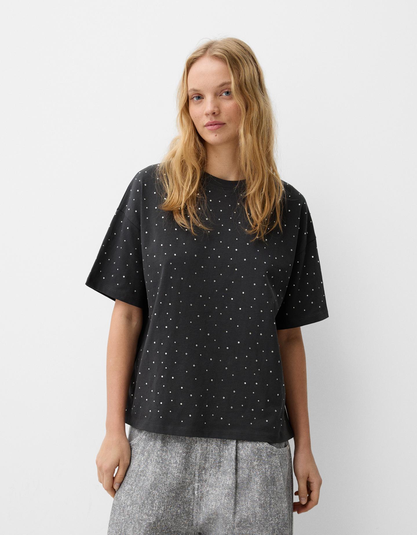 Bershka Kurzärmeliges Oversize-T-Shirt Mit Strass Damen Xs Dunkelgrau günstig online kaufen