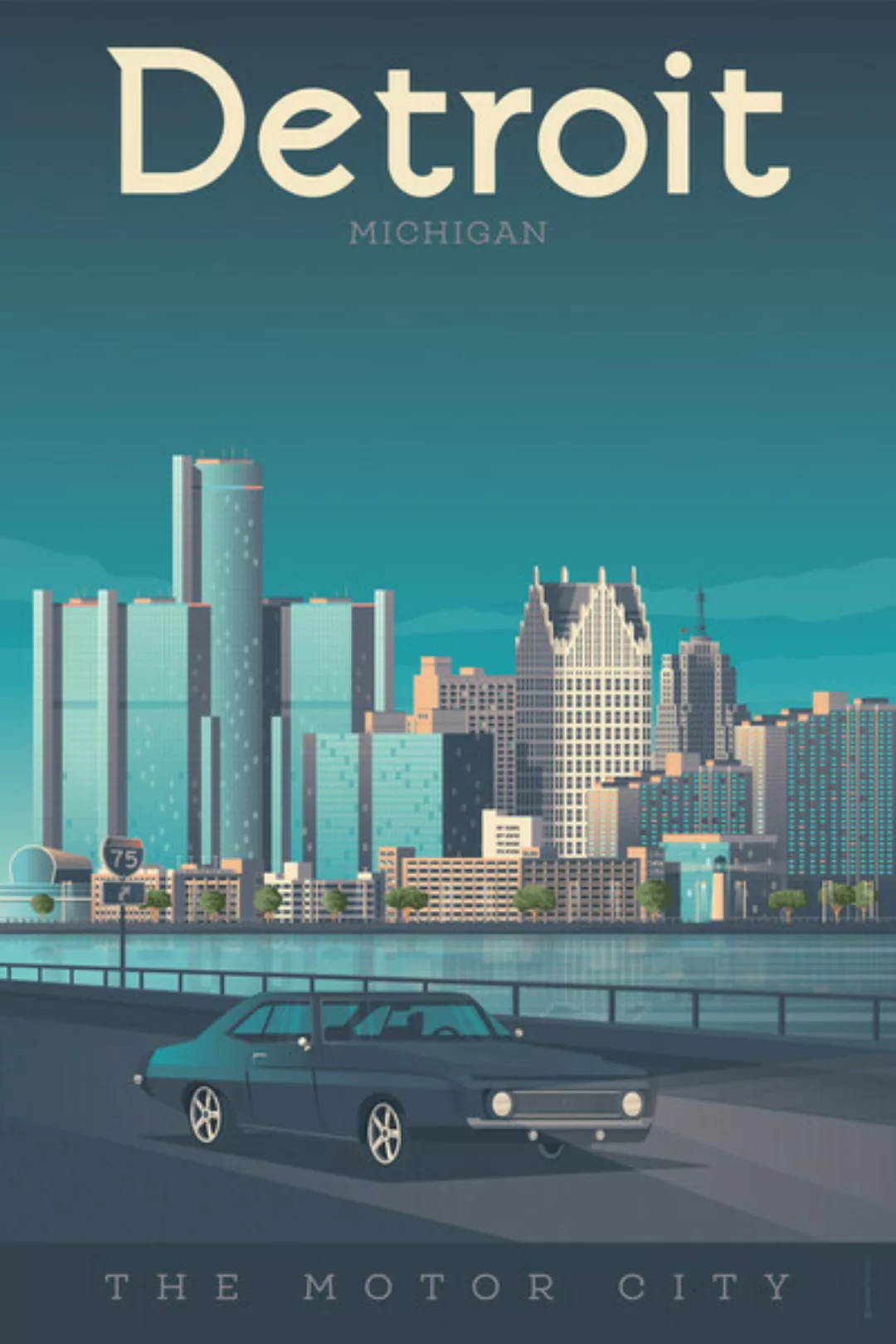 Poster / Leinwandbild - Detroit Vintage Travel Wandbild günstig online kaufen