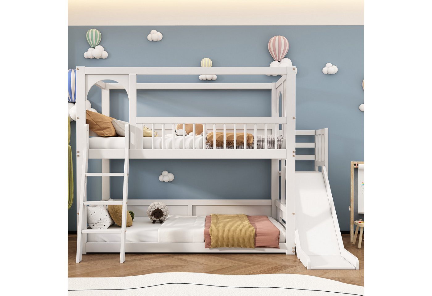 MODFU Etagenbett Kinderbett (90*200 Holzbett, mit Lattenrost Regalen und Ru günstig online kaufen