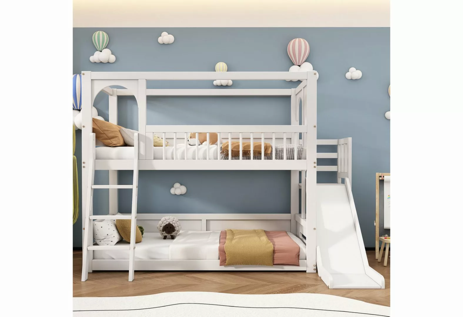 MODFU Etagenbett Kinderbett (90*200 Holzbett, mit Lattenrost Regalen und Ru günstig online kaufen