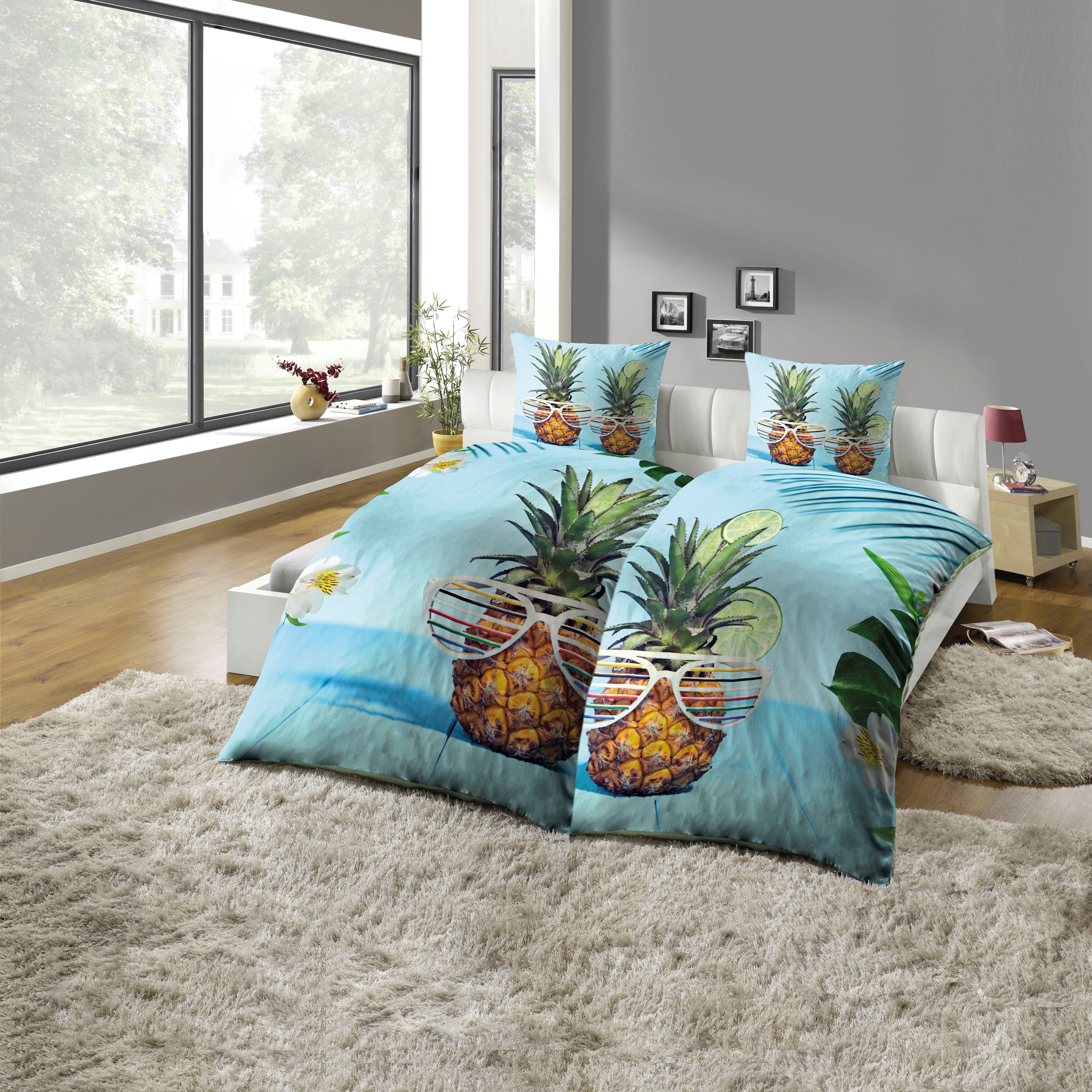 KiNZLER Partnerbettwäsche Partnerbettwäsche 4-teilig "Ananas", Microfaser, günstig online kaufen