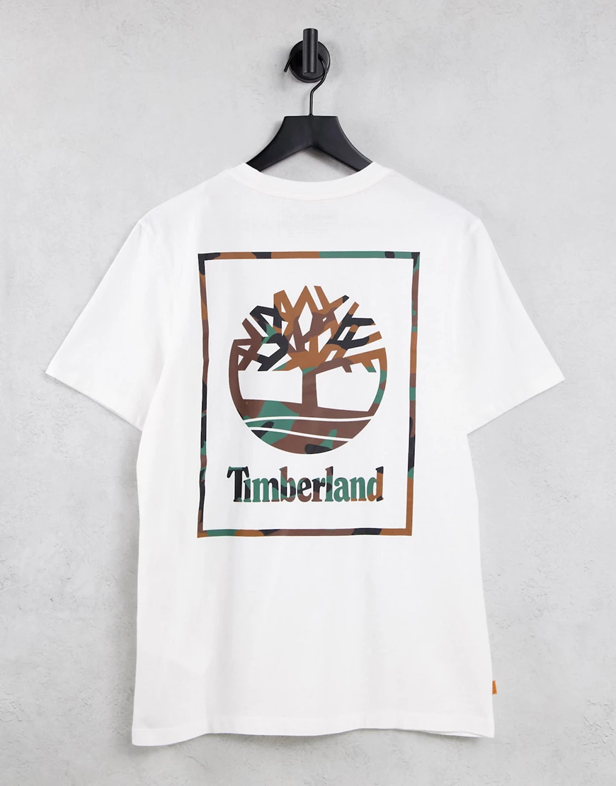 Timberland – Box Camo – T-Shirt in Weiß mit Rückenprint günstig online kaufen