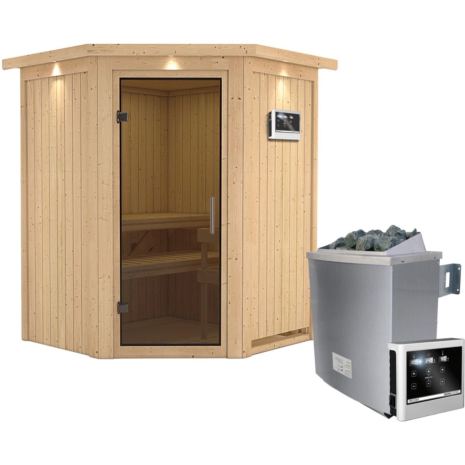 Karibu Sauna-Set Lyra inkl. Ofen 9 kW mit ext. Steuerung, Dachkranz, Tür Gr günstig online kaufen