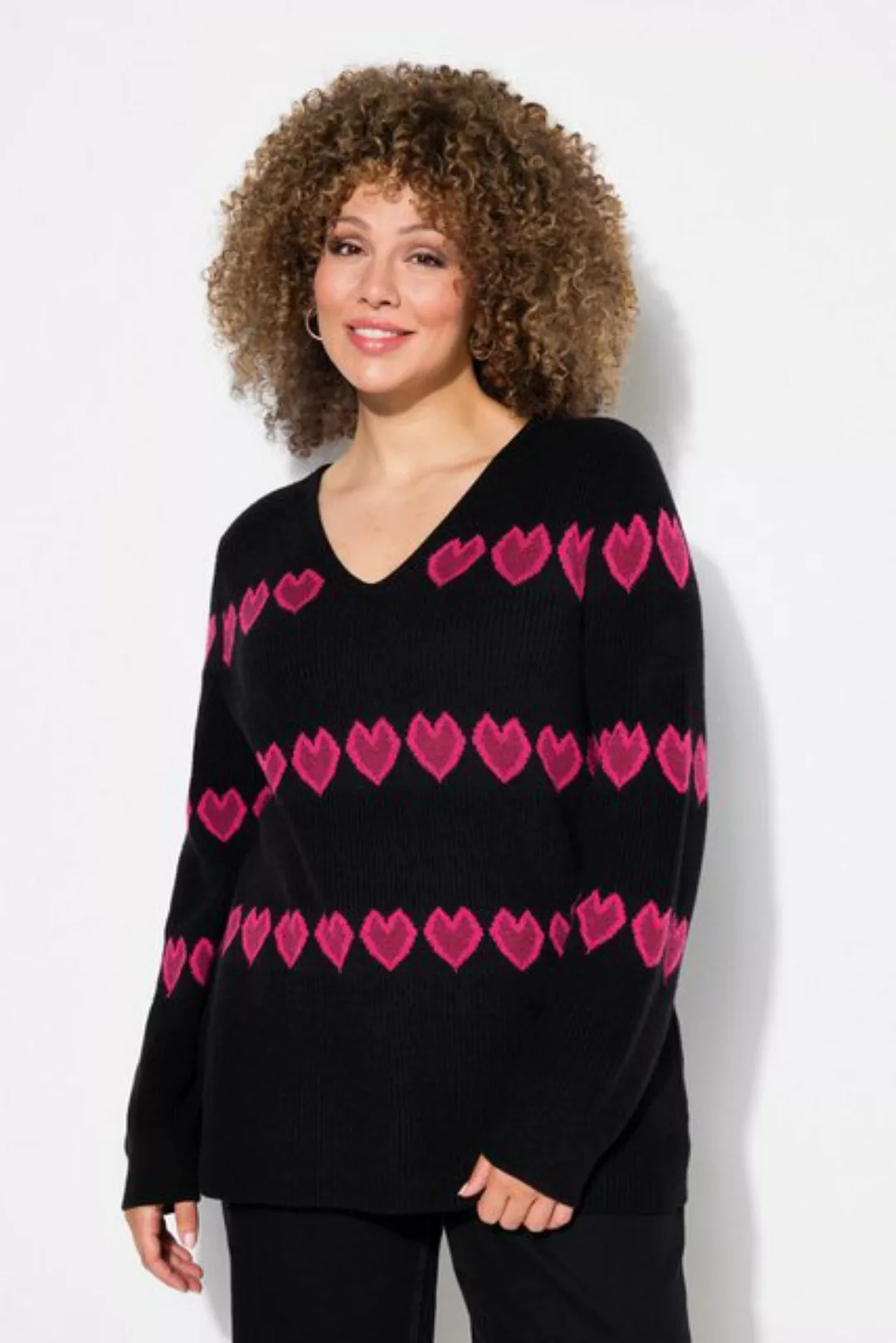 Ulla Popken Strickpullover Pullover Herzen V-Ausschnitt Langarm günstig online kaufen