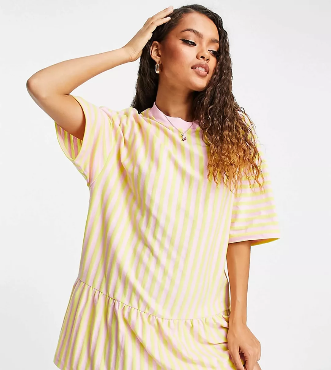 ASOS DESIGN Petite – Gestreiftes Oversize-T-Shirt-Kleid in Limettengrün und günstig online kaufen