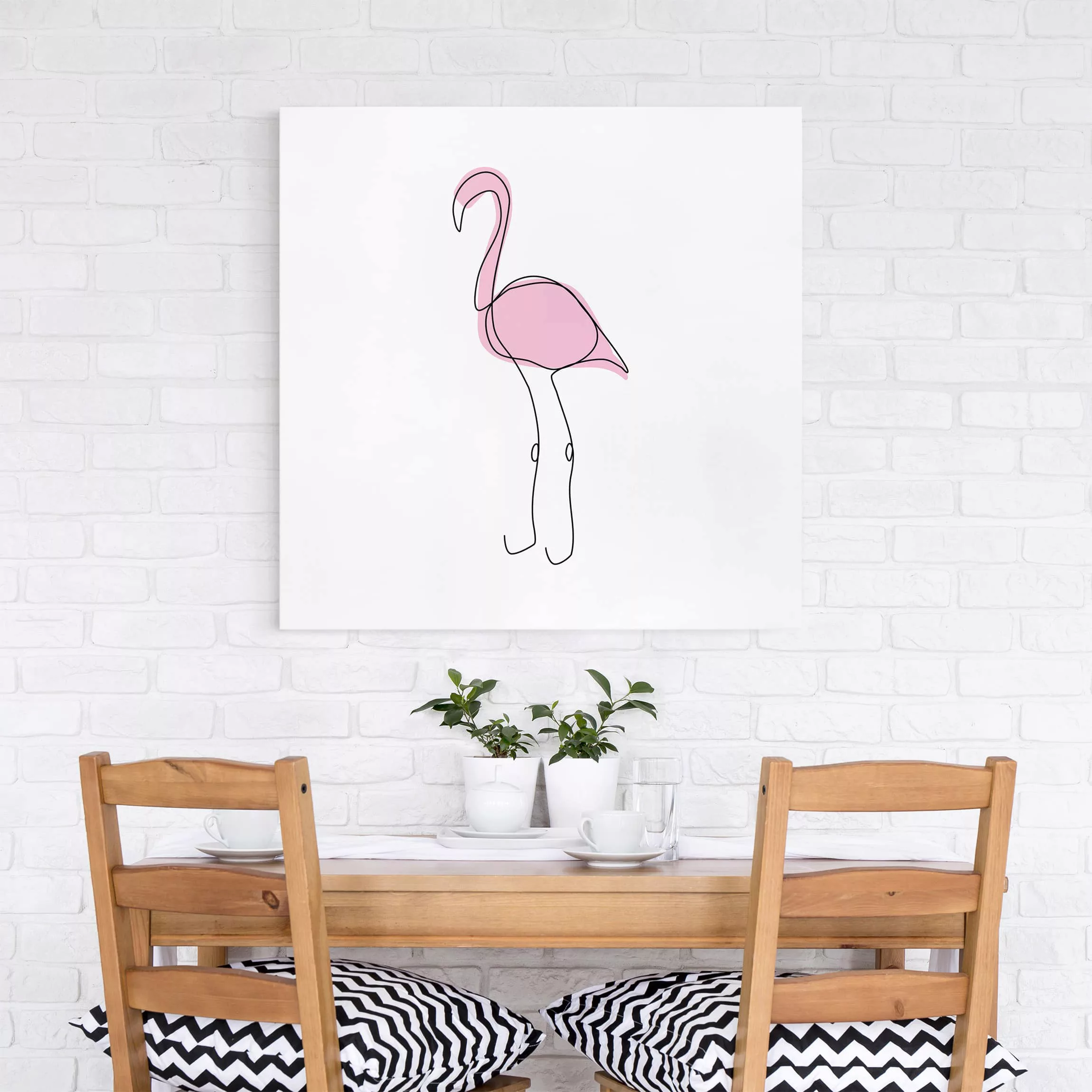 Leinwandbild - Quadrat Flamingo Line Art günstig online kaufen