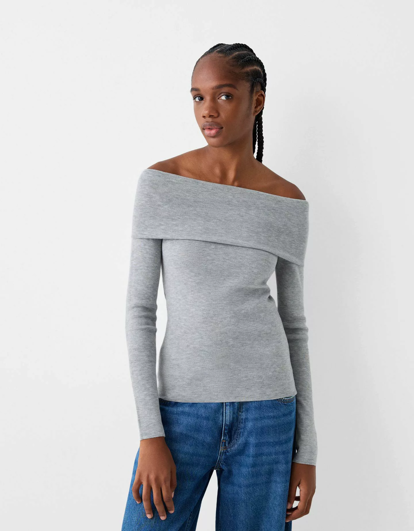 Bershka Pullover Mit Carmen-Ausschnitt Damen Xs Grau günstig online kaufen