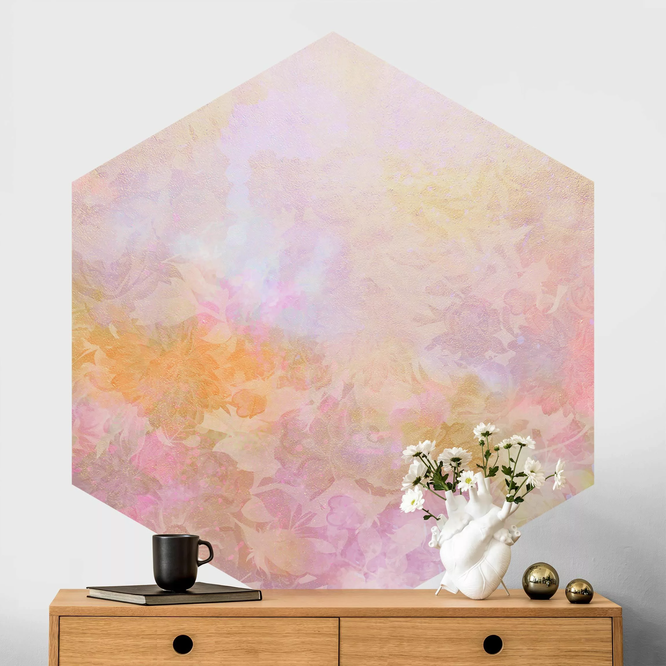 Hexagon Fototapete selbstklebend Strahlender Blütentraum in Pastell günstig online kaufen