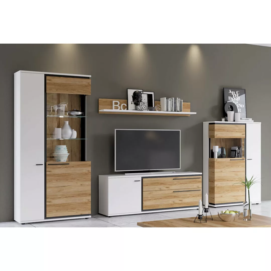 Moderne Media Wohnwand mit Highboard SANDVIKA-129 in weiß mit Eiche Nb. Abs günstig online kaufen