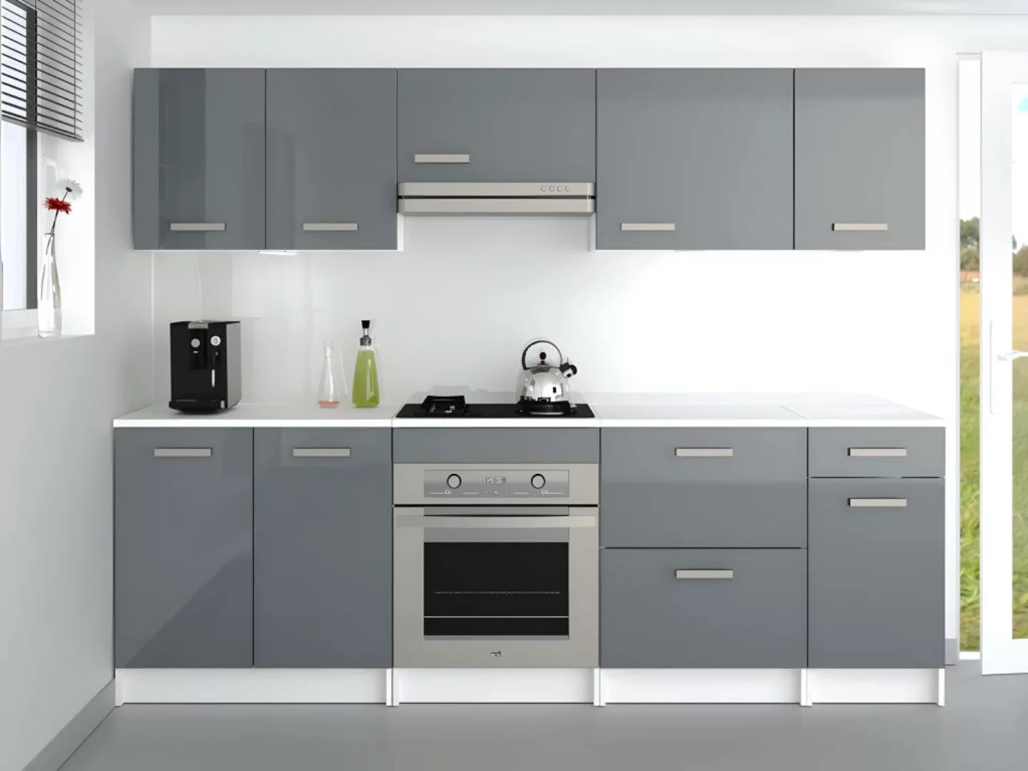 Küchenzeile - mit Arbeitsplatte  240 cm - Grau glänzend & Weiß - TRATTORIA günstig online kaufen