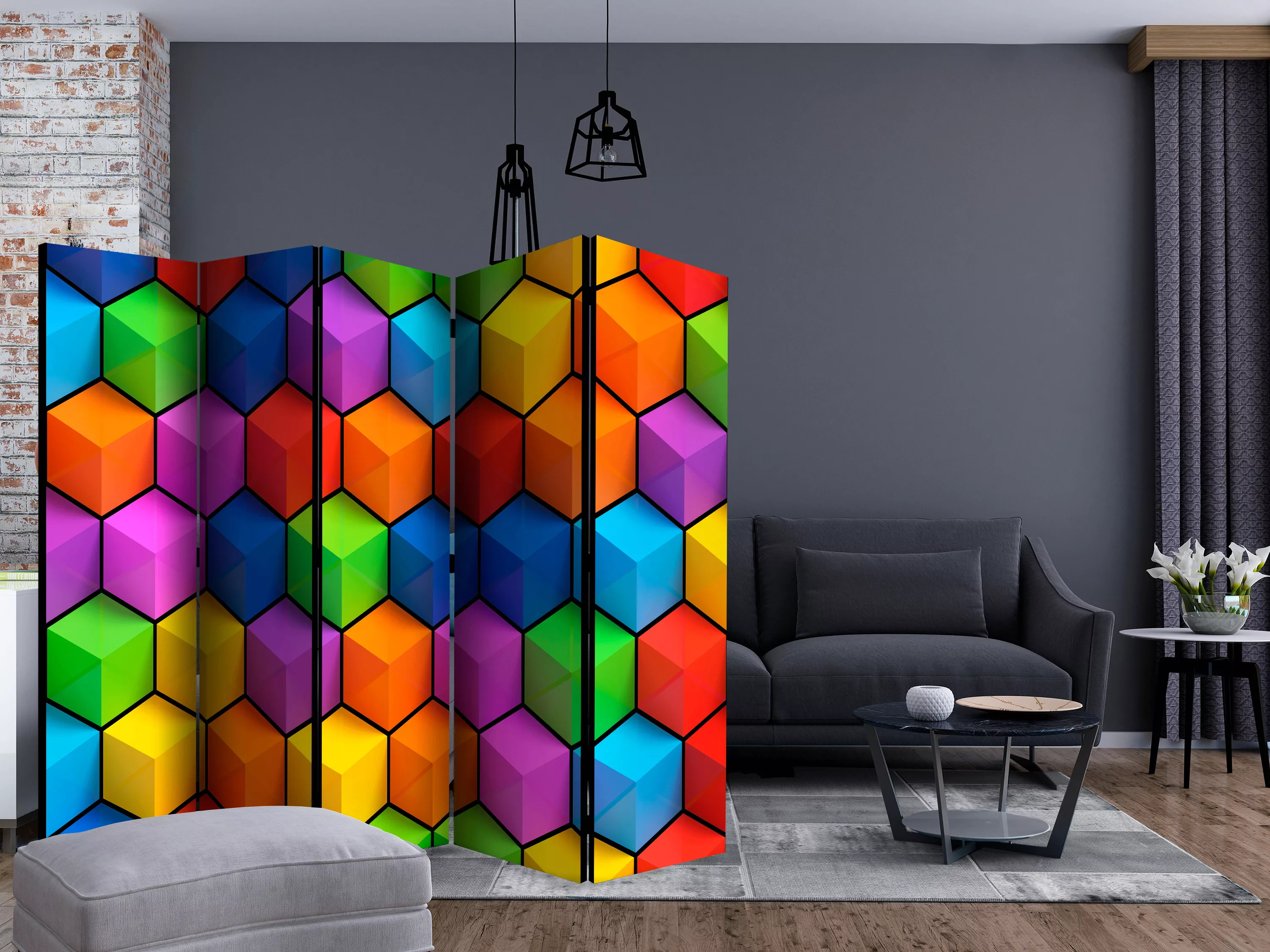 5-teiliges Paravent - Rainbow Geometry Ii [room Dividers] günstig online kaufen