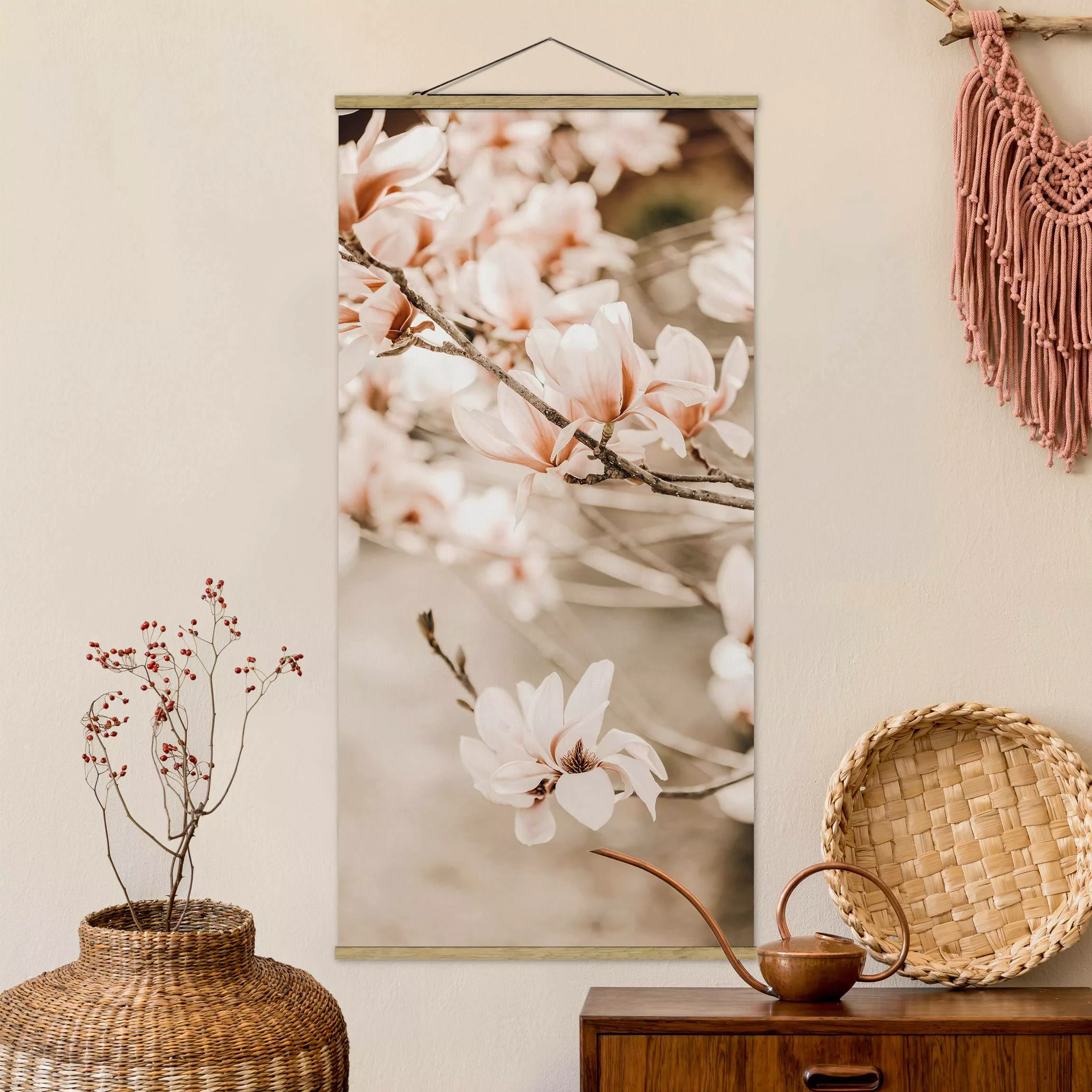 Stoffbild mit Posterleisten Magnolienzweige im Vintagestil günstig online kaufen