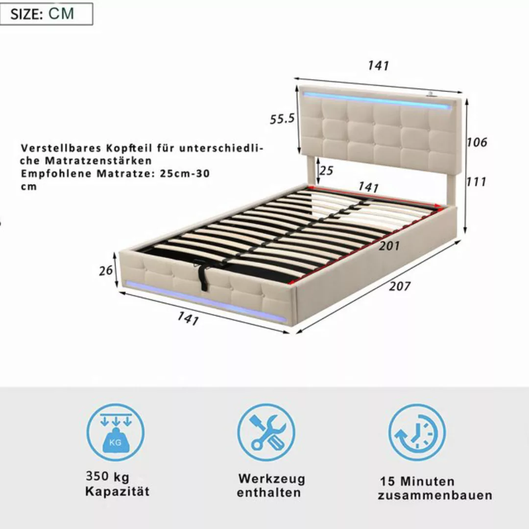 Ulife Polsterbett Doppelbett Jugendbett mit LED-Beleuchtung und 2 USB-Lades günstig online kaufen