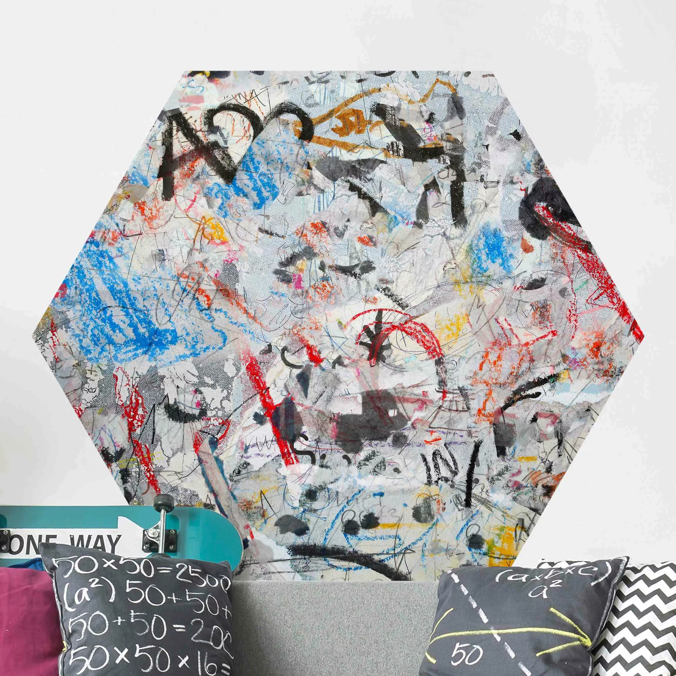 Hexagon Mustertapete selbstklebend Grafische Street Art Kollage günstig online kaufen