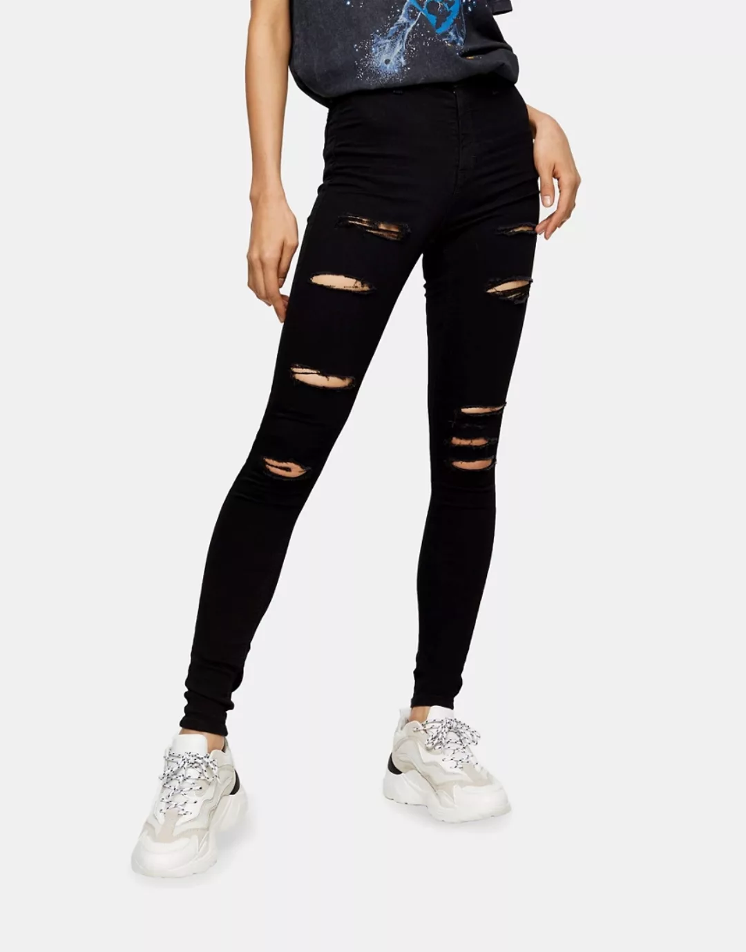 Topshop – Joni – Jeans mit markanten Rissen in Schwarz günstig online kaufen
