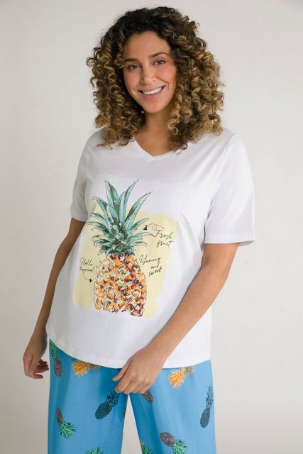 Ulla Popken Rundhalsshirt T-Shirt Ananas Classic V-Ausschnitt Halbarm günstig online kaufen