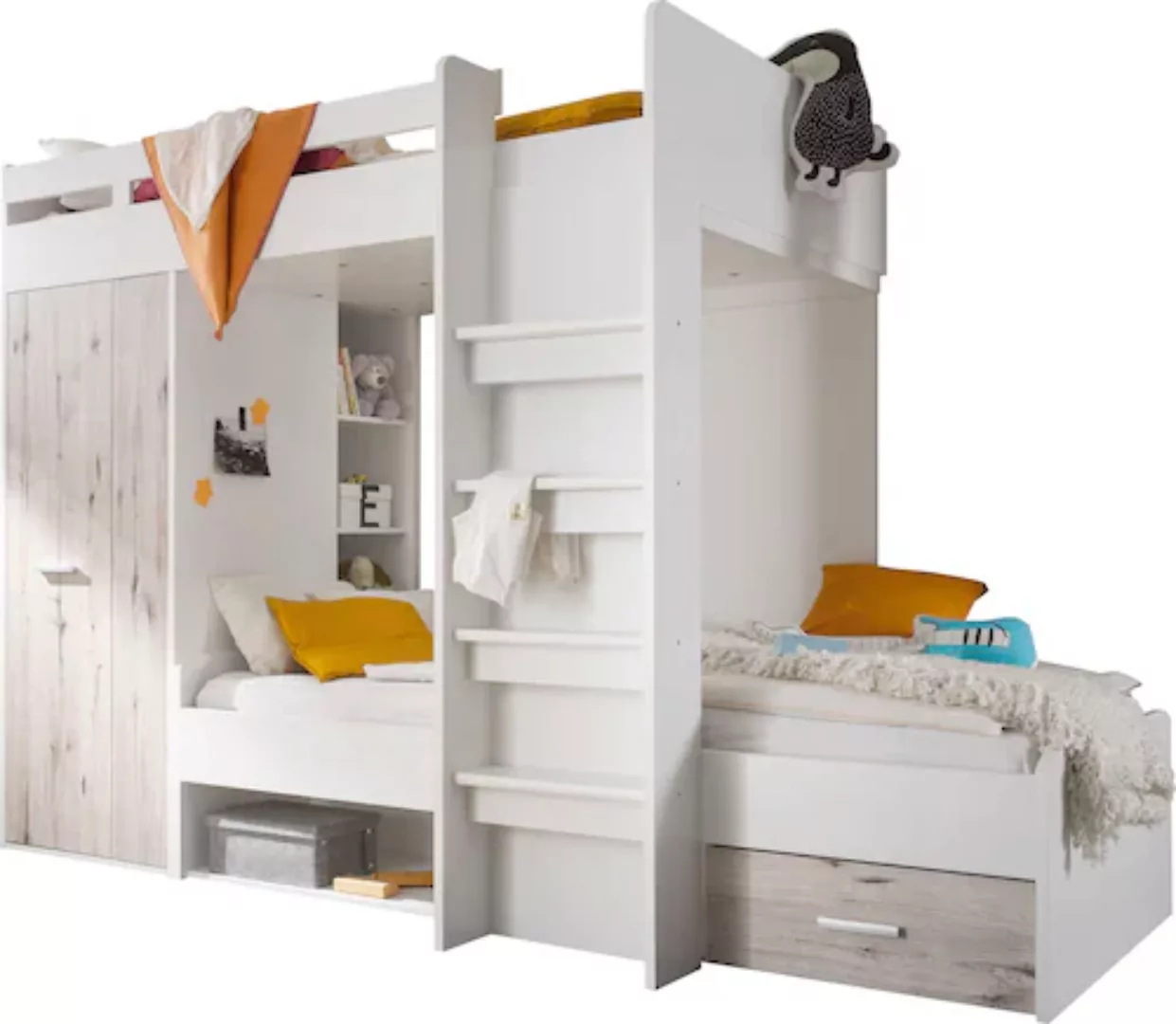 Begabino Hochbett »MAXI«, mit 2 Liegeflächen, Kleiderschrank und Regalen günstig online kaufen