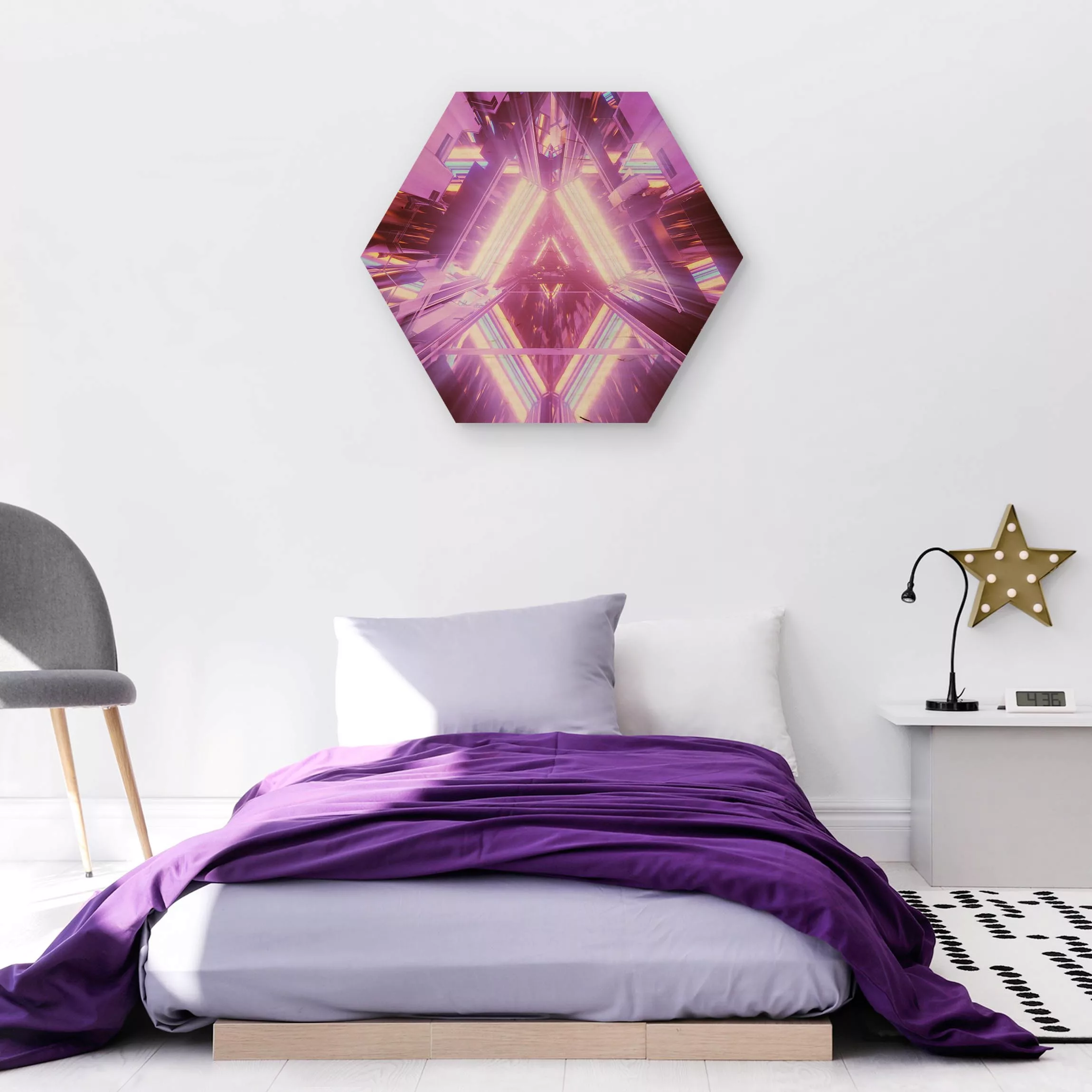 Hexagon-Holzbild Neonlichter im Dreieck günstig online kaufen