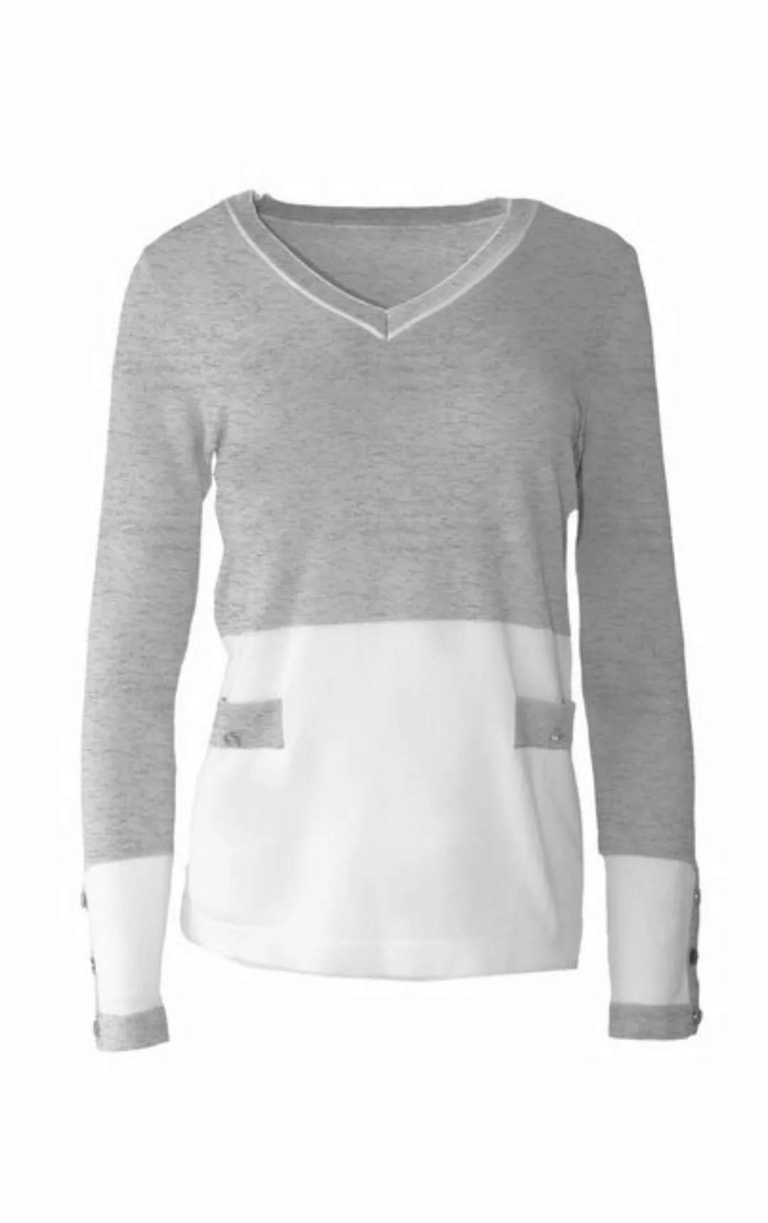 Passioni V-Ausschnitt-Pullover Grau Weißer Sommerpullover mit V-Ausschnitt günstig online kaufen