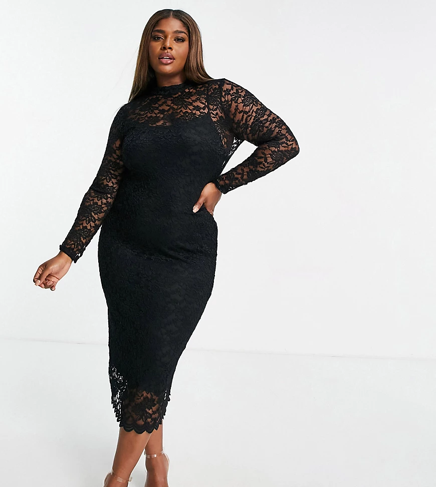 ASOS DESIGN Curve – Midikleid aus Spitze in Schwarz günstig online kaufen