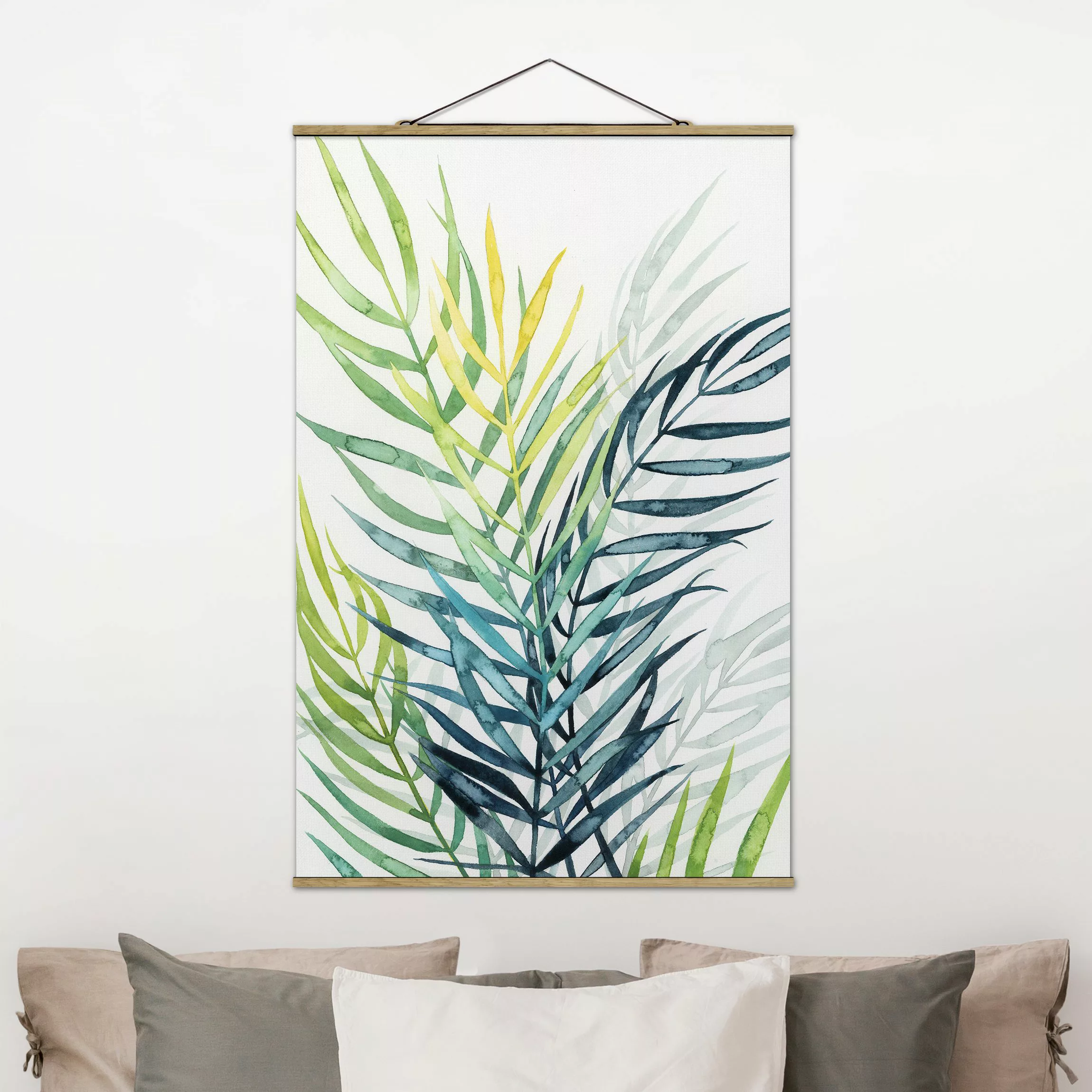 Stoffbild Blumen mit Posterleisten - Hochformat Tropisches Blattwerk - Palm günstig online kaufen